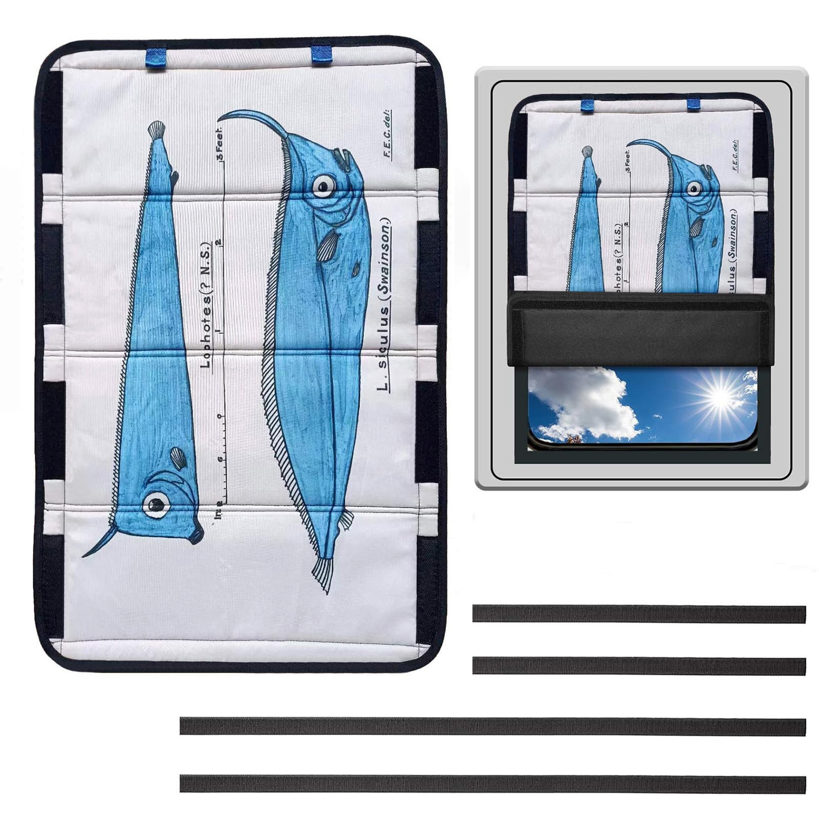 RV Door Window Shade, Unique Ocean Fish Design Foldable RV Blackout Window Cover, 100% UV Rays Protection Camper Trailer Door Window Cover,Blue Fish Art Thickened Oxford Fabric