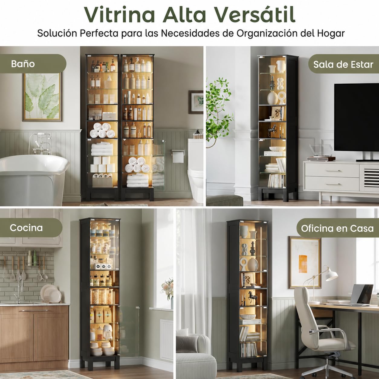 ZKIODV 180cm Vitrina de Cristal LED, Estrecha Armario Vitrina con 8 Estantes, Puerta de Vidrio Templado, Balda Ajustable y Desmontable, Moderna Vitrina para Salón Baño (Negro)