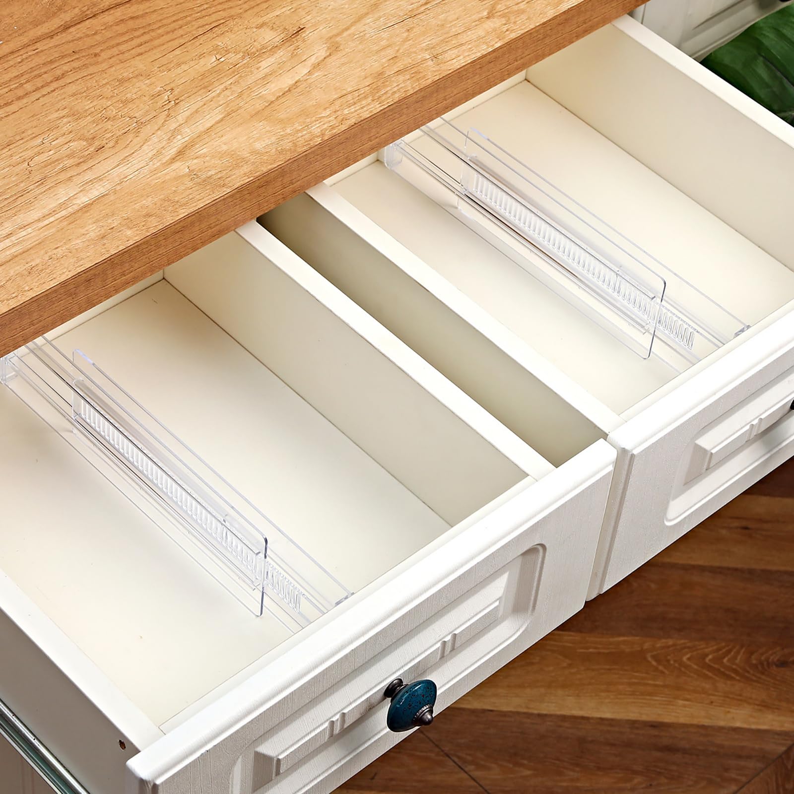 Regulowane przegrody do szuflad, 4-pak, 28,7-50,5 cm, 8,1 cm, wysoki organizer do szuflad kuchennych, plastikowe separatory do szuflad, sypialnia, przegroda, oszczędność miejsca, rozwiązanie