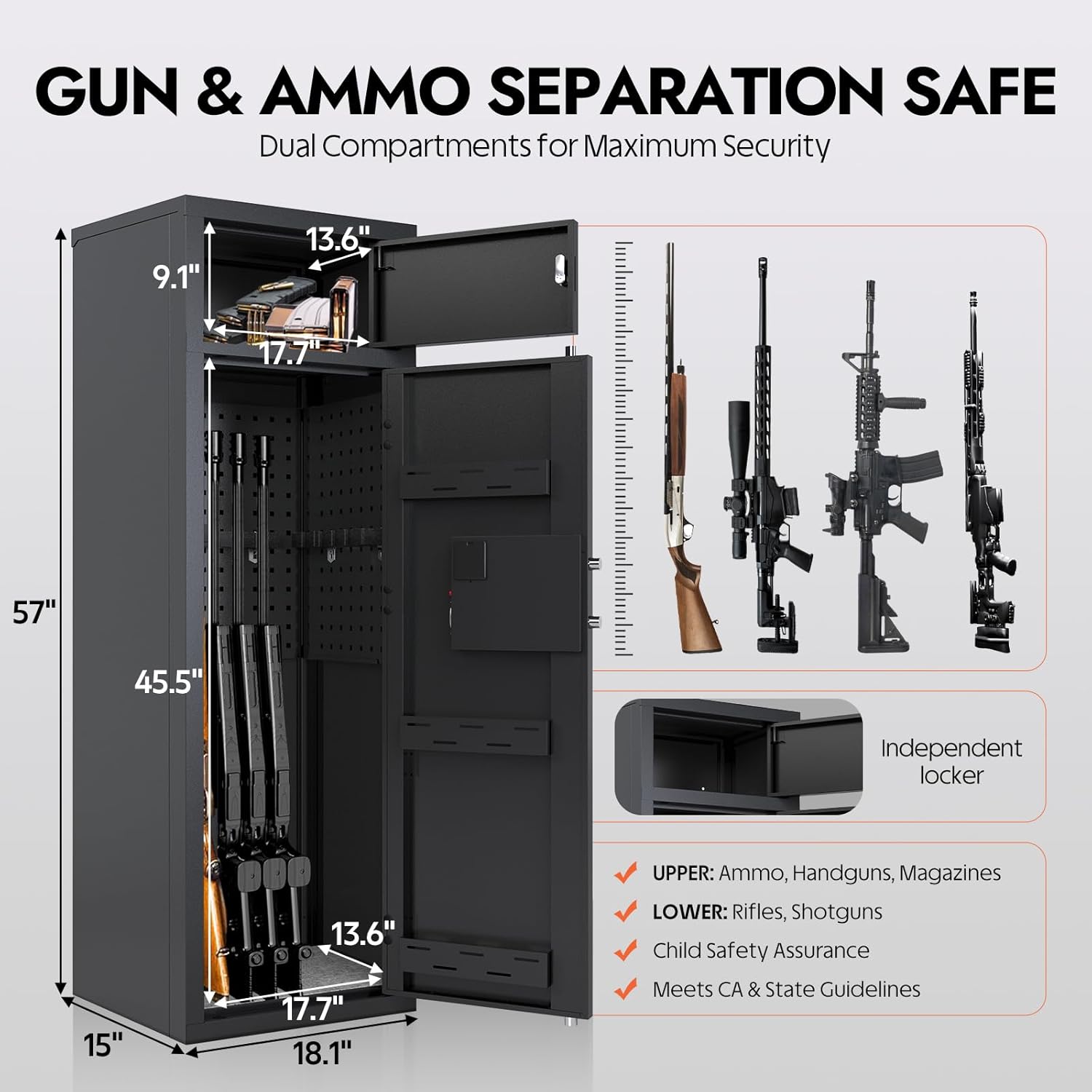 KAER 15-Gun Security Cabinet with Digital Keypad & Separate Lockbox | Heavy-Duty Steel Construction for Rifles, Pistols & Ammo