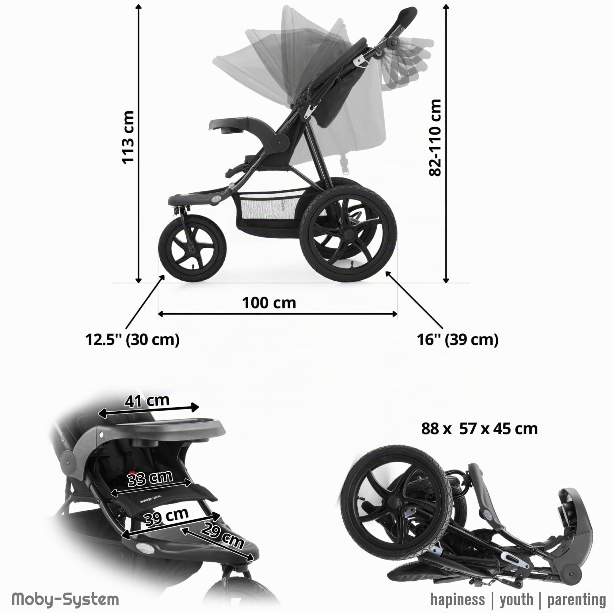 Moby-System Runner Mountain Poussette 3 Roues Pliable Compacte - Ceinture 5 Points, Panier de Rangement, Toit Réglable avec Fenêtre - Pour Enfants jusqu'à 15 kg - Noir