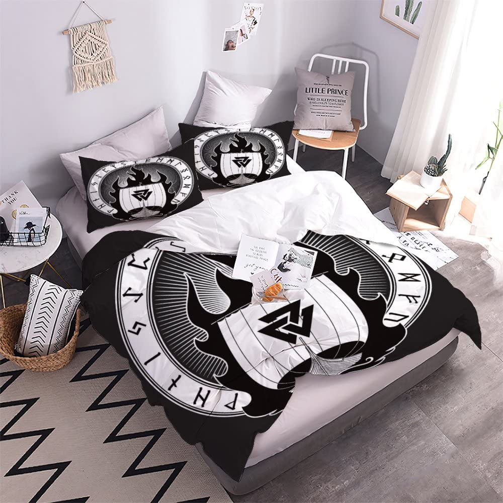 ZLKEJI Vikings Housse de Couette 200 x 200cm Armoiries Vikings Parure de lit Bateau Viking Housse Couette Adulte Enfants Ado Garçons Fille Microfibre avec 2 taies 50x75cm Noir Blanche