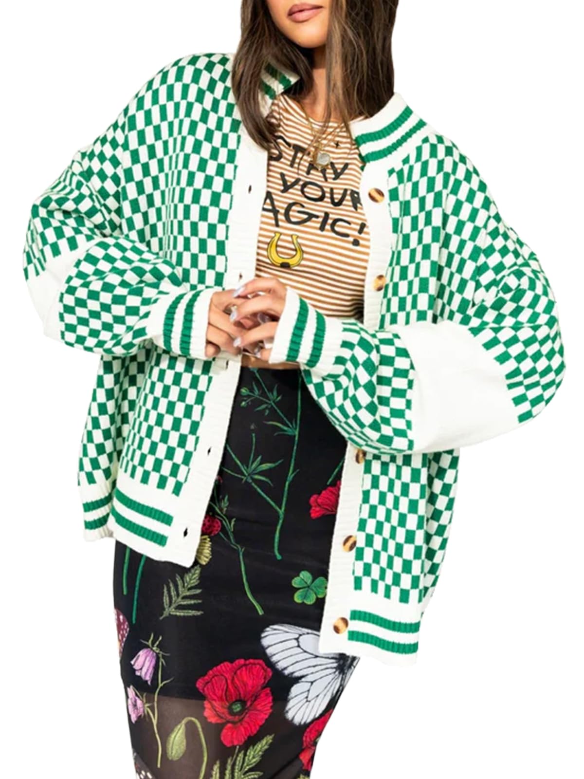 Women Checkered Knit Cardigan Open Front Long Sleeve Plaid Checkerboard Chunky Sweater Outwear with Pockets