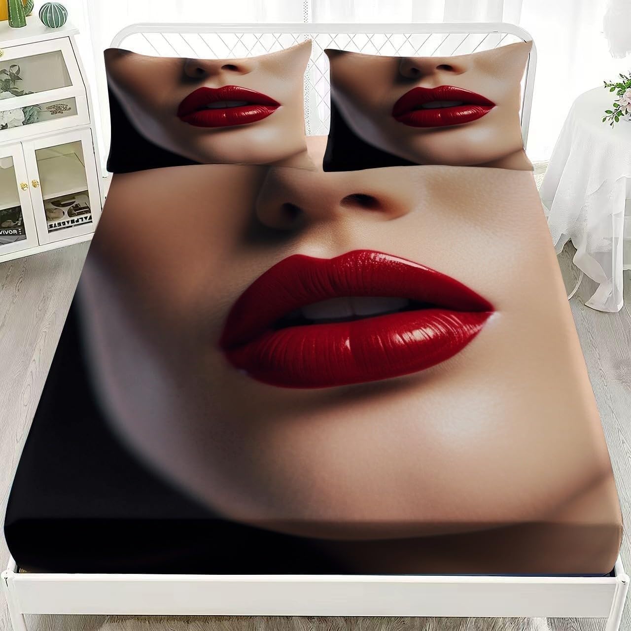 Sabana Bajera 180x200 Labios Rojos Sabanas Bajeras Estampadas Rostros Sábana Bajera Ajustable Suaves, Elastico Funda Colchon con 2 Funda Almohada 50x80 cm, para Colchón de 30cm de Altura