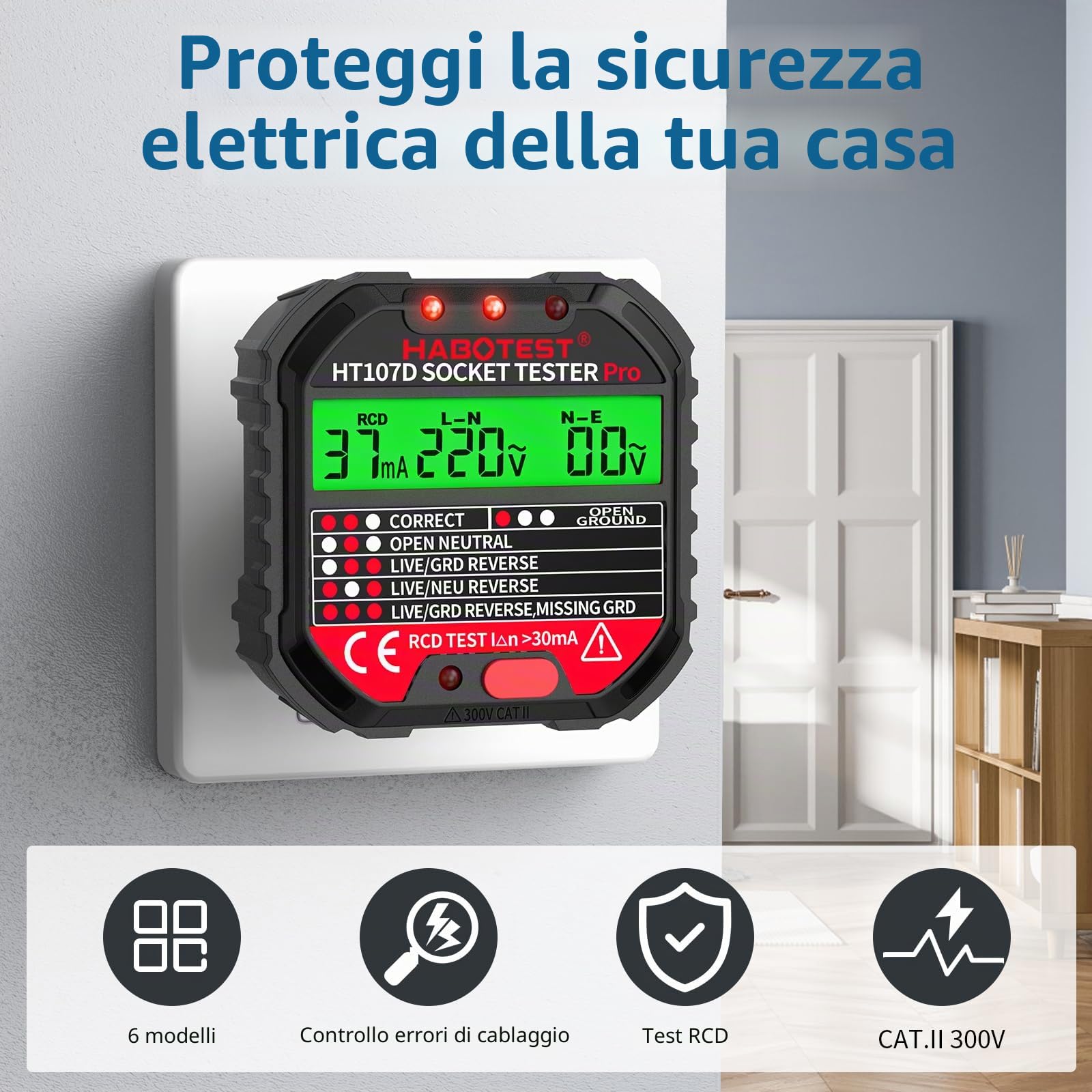 Tester de Prese, Tester per Circuiti Elettrici con Test RCD e Display LCD, Rilevatore Cavi Elettrici 6 tipi di Diagnosi dei Guasti, Visualizzazione tensione 90-250 V/CAT.II 300V (EU Plug)