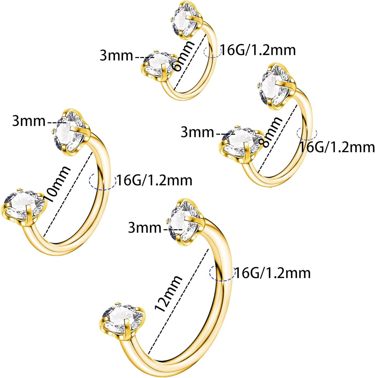 16G 18G 20G Horseshoe Nose Rings,316L Double Cubic Zirconia Threadless Internal Thread Nose Stud Hoop Piercing, Cartilage Lip Helix Piercing Jewellery for Women and Men - Image 2