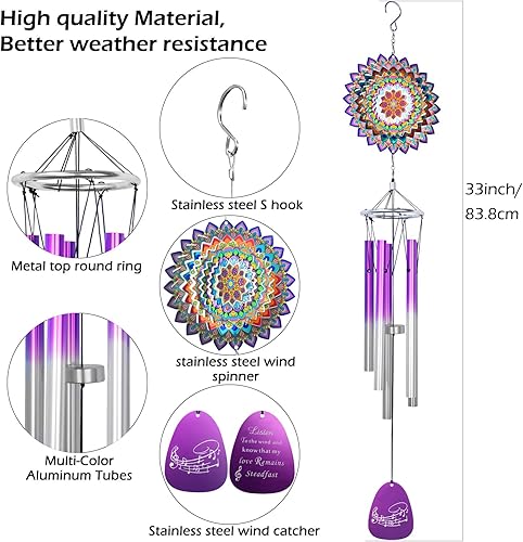 Miniatura 2 de Campanillas de viento para exteriores con mandala, trébol de la suerte, campanillas de viento conmemorativas de 33 pulgadas, decoración colgante