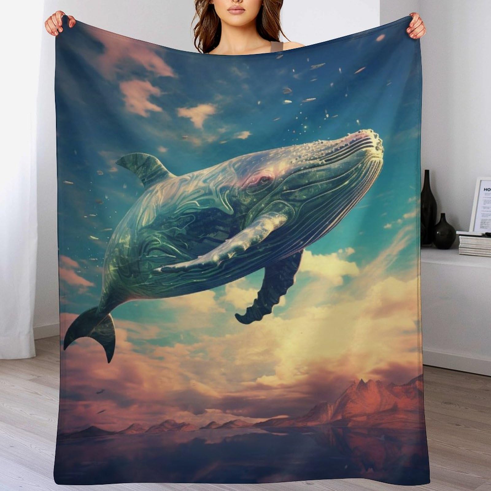Couverture flannel motif baleines 3D plaid de canapé douceur premium