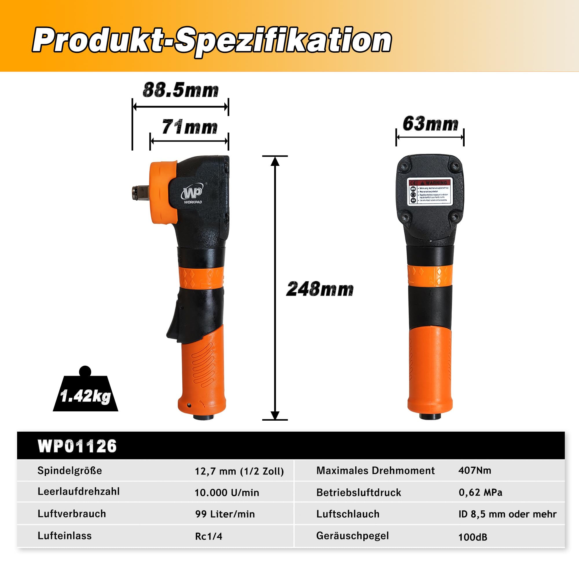 WORKPAD pneumatyczna wkrętarka udarowa, moment zwalniający 370 FT-LB, uchwyt o długości 25 cm, lekki młotek 1,4 kg z wysokim momentem obrotowym, klucz udarowy, sprężone powietrze.