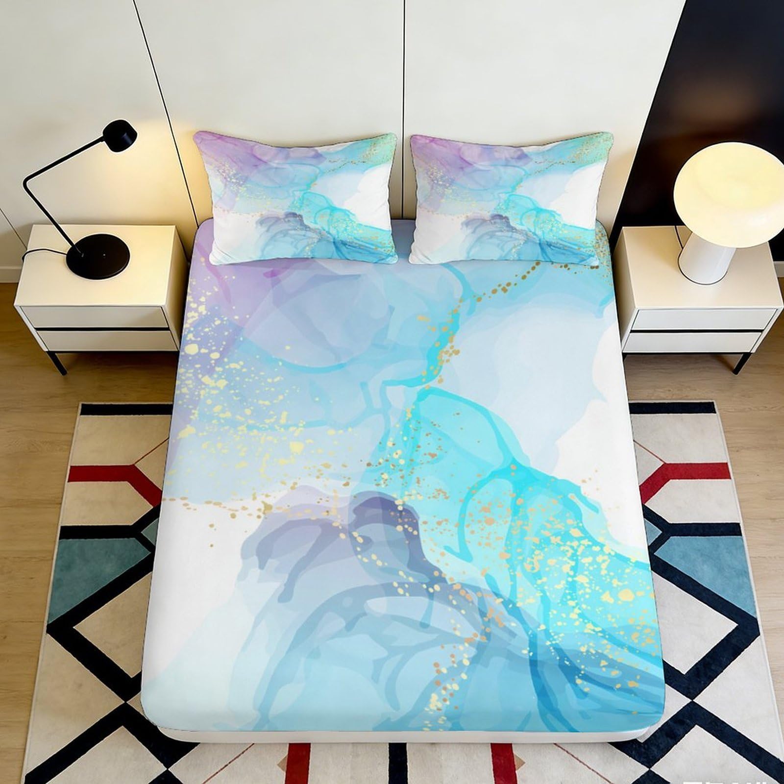 3D Printed Abstract Blue Purple Fitted Sheet Microfiber Soft Breathable Gold Splash Bed Cover for Bedroom Dormitory Guest Room Mattress Protection 140x200x25cm