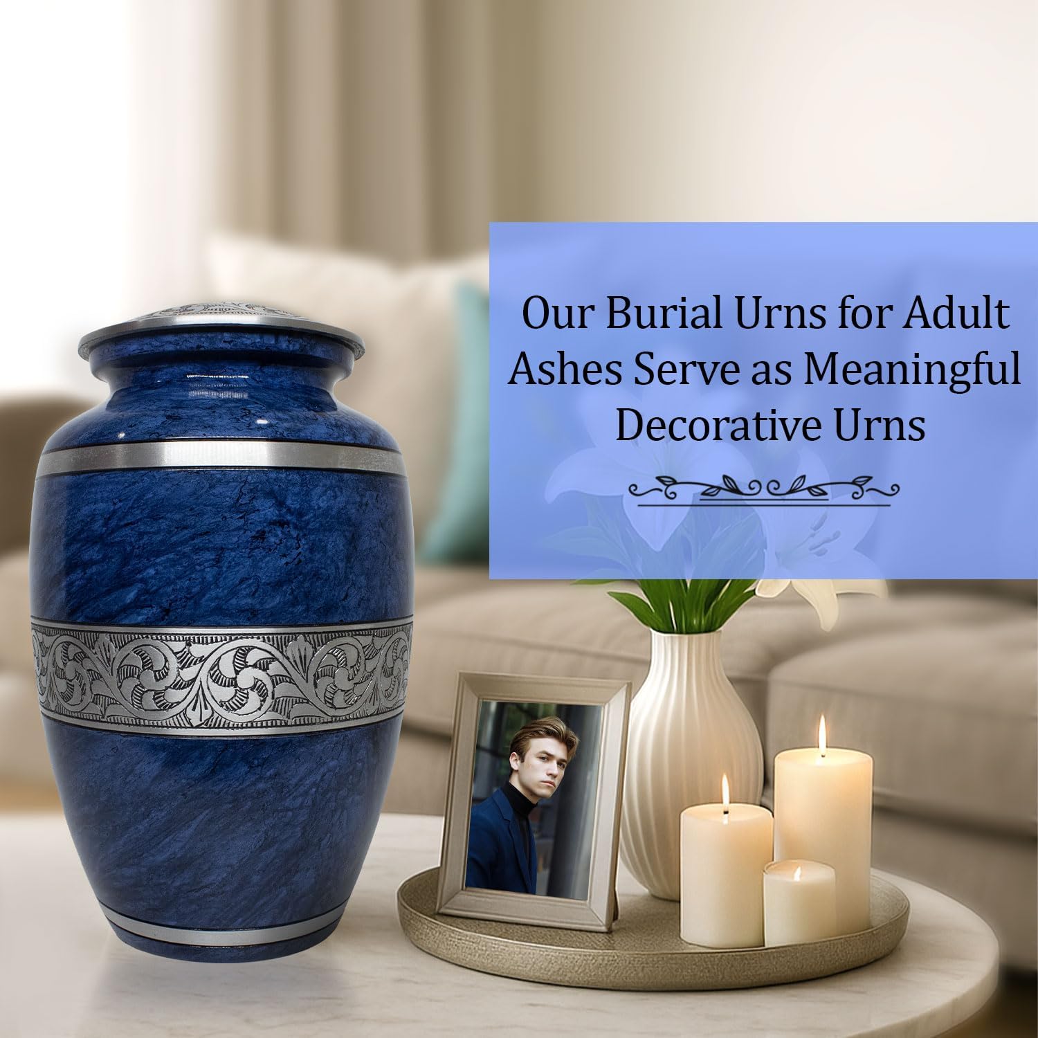 Elegant Blue Marble Finish Cremation Urn for Human Ashes - Memorial Urn for Adult Men & Women - Holds Up to 200 Cubic Inches - Decorative Funeral Urn to Honor Your Loved One - Large Size