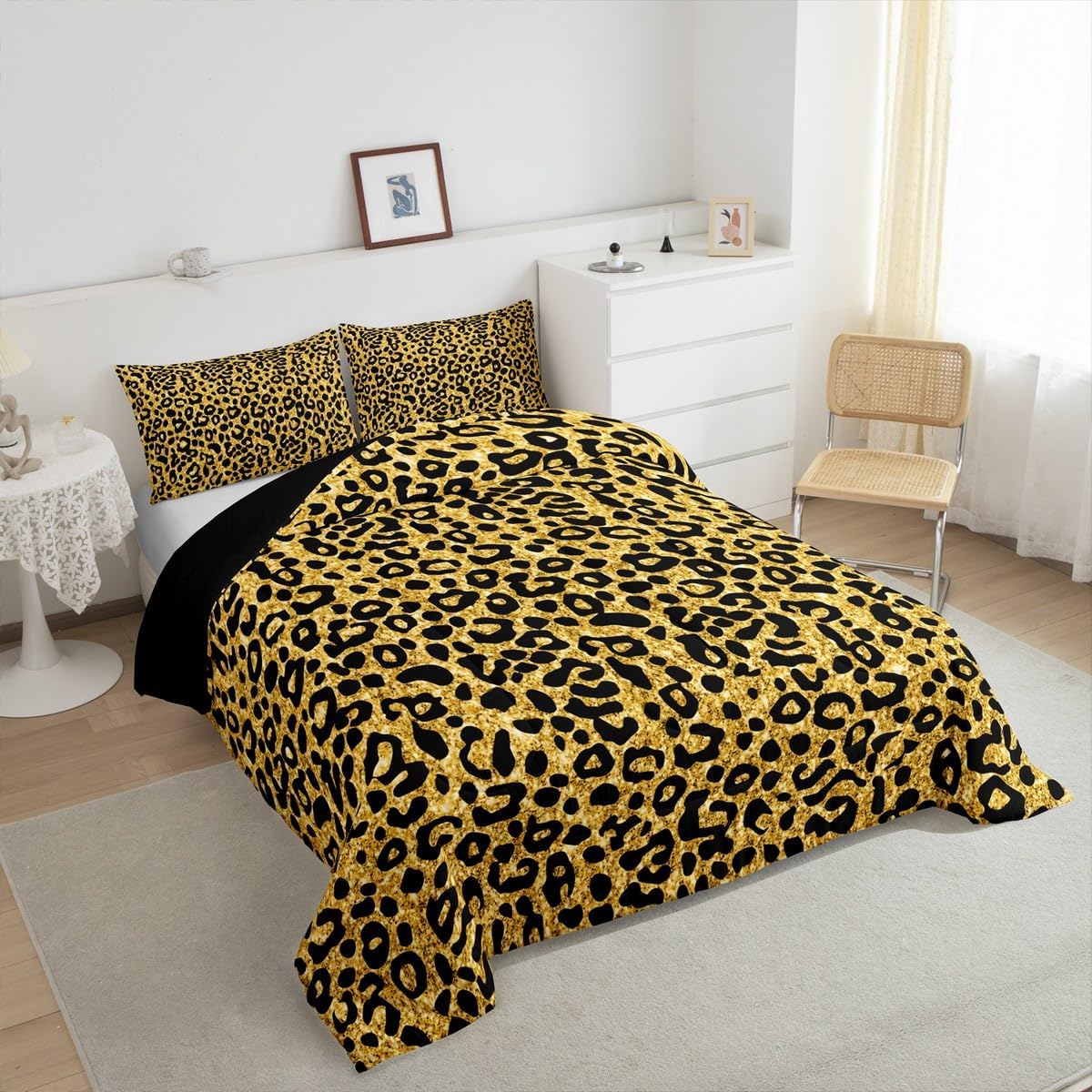 Feelyou Glitter Leopard Bedding Set for Girls Boys Kids Full Size Cheetah Comforter Set Animal Print Duvet Quilt Safari Room Decor Breathable Soft Lightweight Microfiber