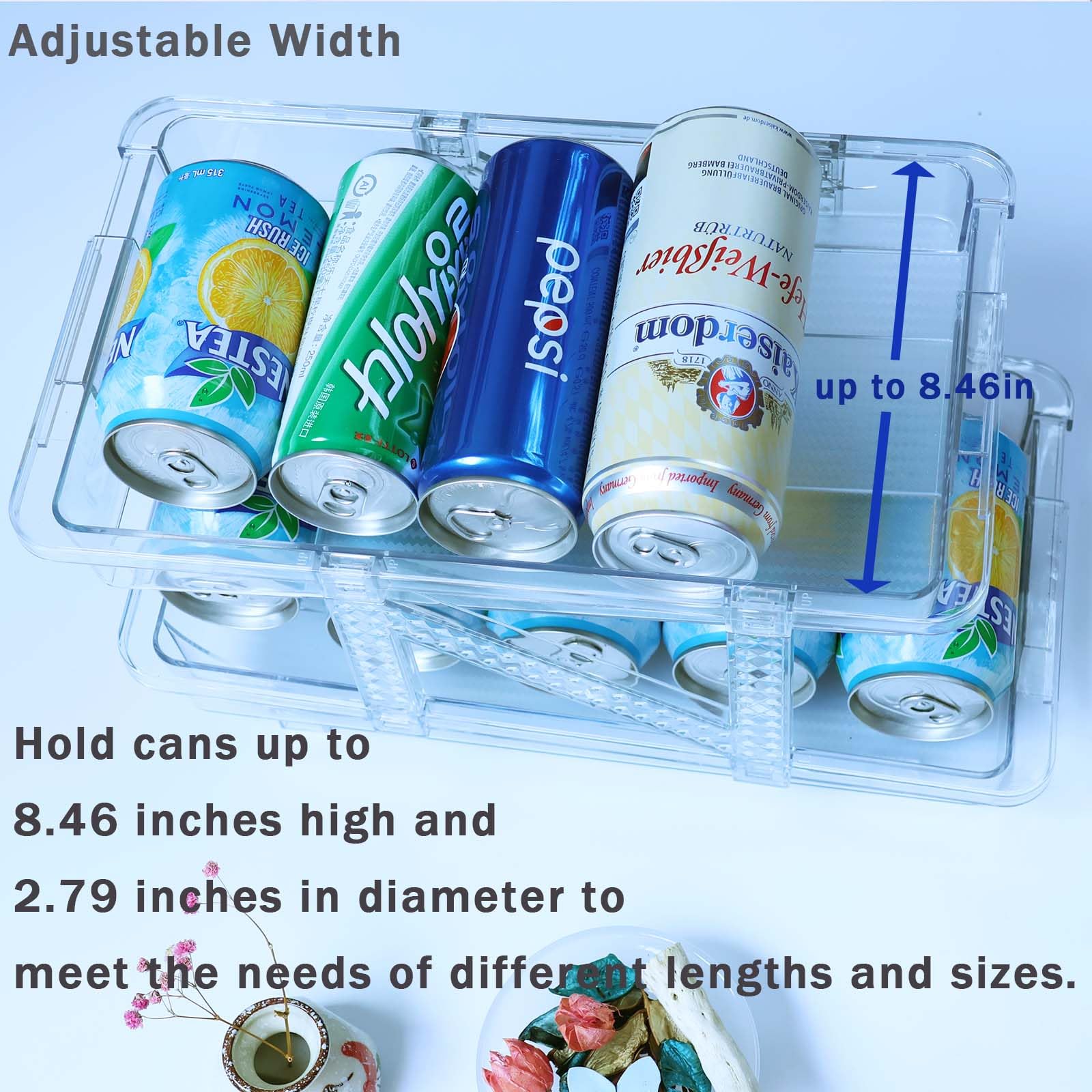 Paquete de 2 dispensadores de latas de refresco para refrigerador, organizador de latas de sode ancho elástico, organizador apilable de latas de bebidas para refrigerador, despensa,