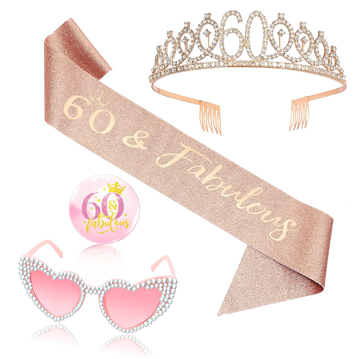 OLOSONG 60th Birthday Party Accessories Set - 4 Pcs Rose Gold Birthday Crown & Badge, Heart Shaped Pink Diamond Glasses, 60th Birthday Decorations Gifts for Women