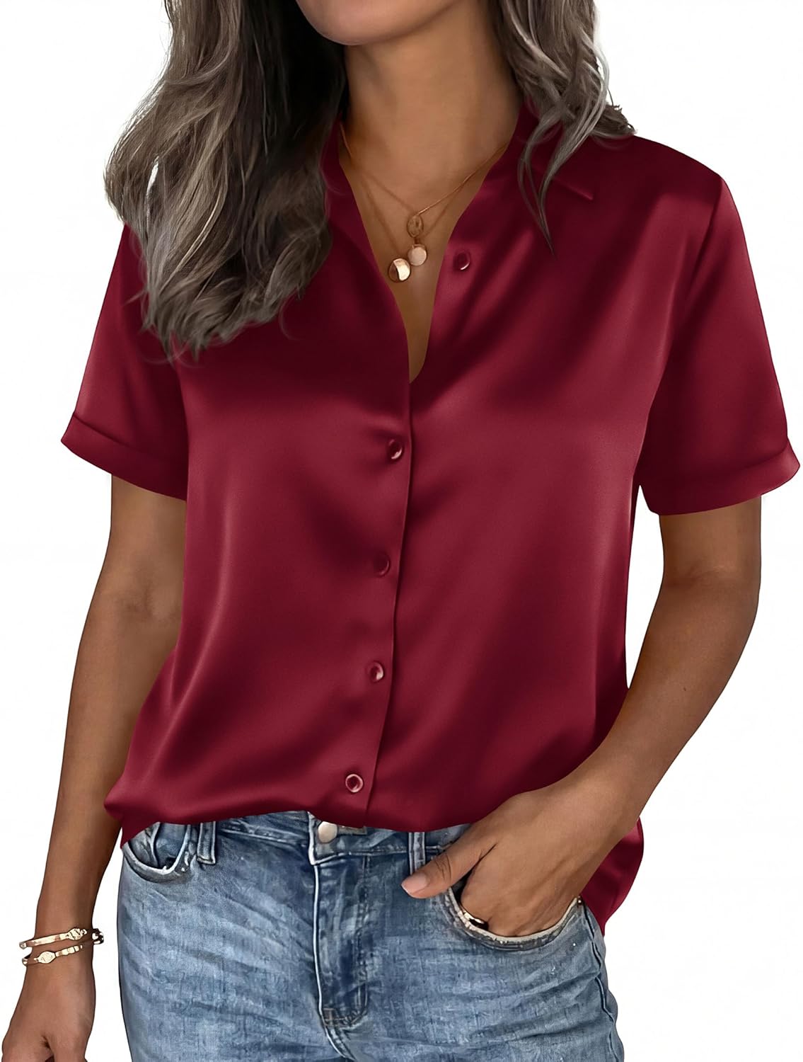 PRETTYGARDEN Womens 2026 Summer Button Down Shirts Short Sleeve Work Tops Dressy Satin Blouses Spring Business Casual Outfits - Image 6