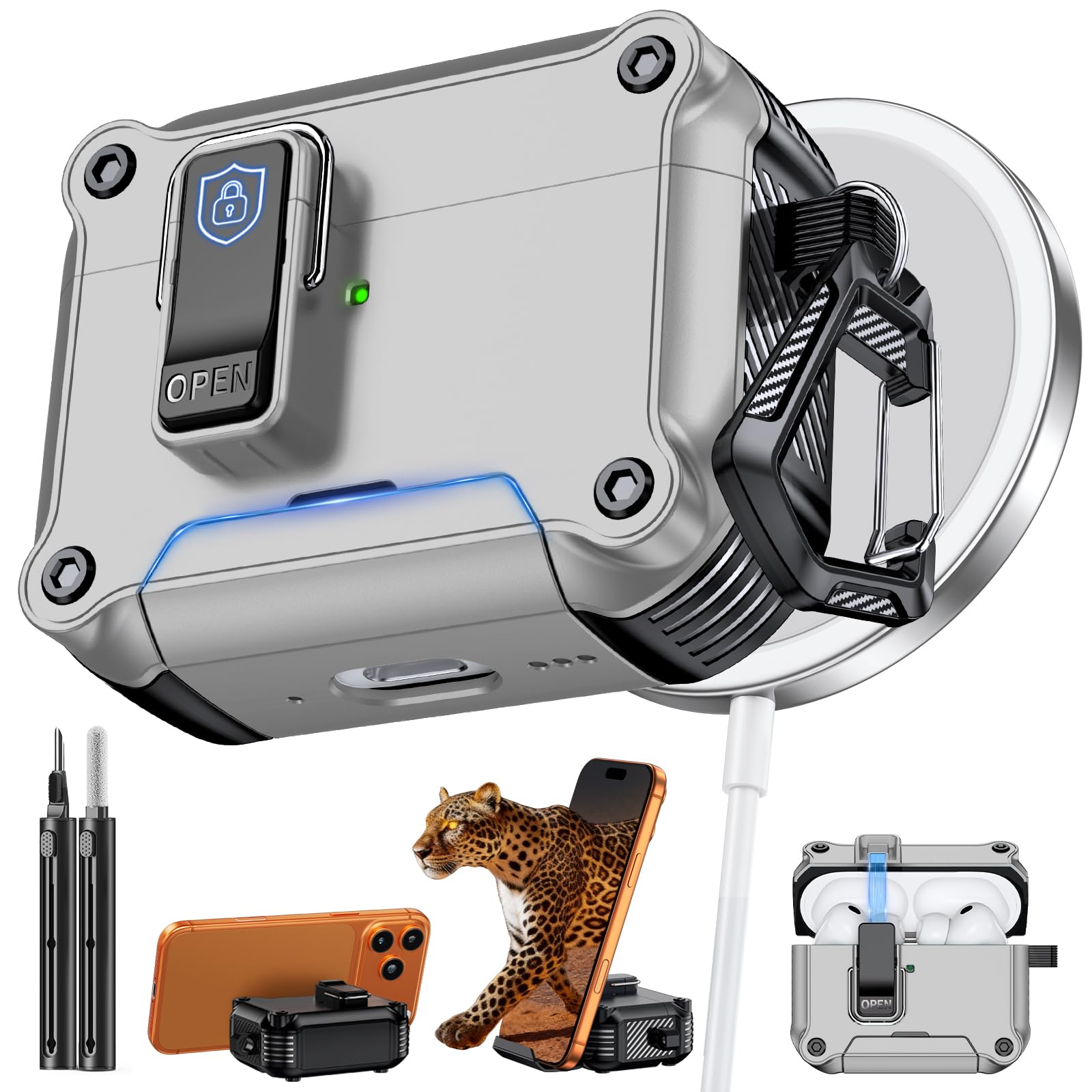 Inesore for AirPods AirPods Pro 1st/2nd Case with Secure Lock (Silver)