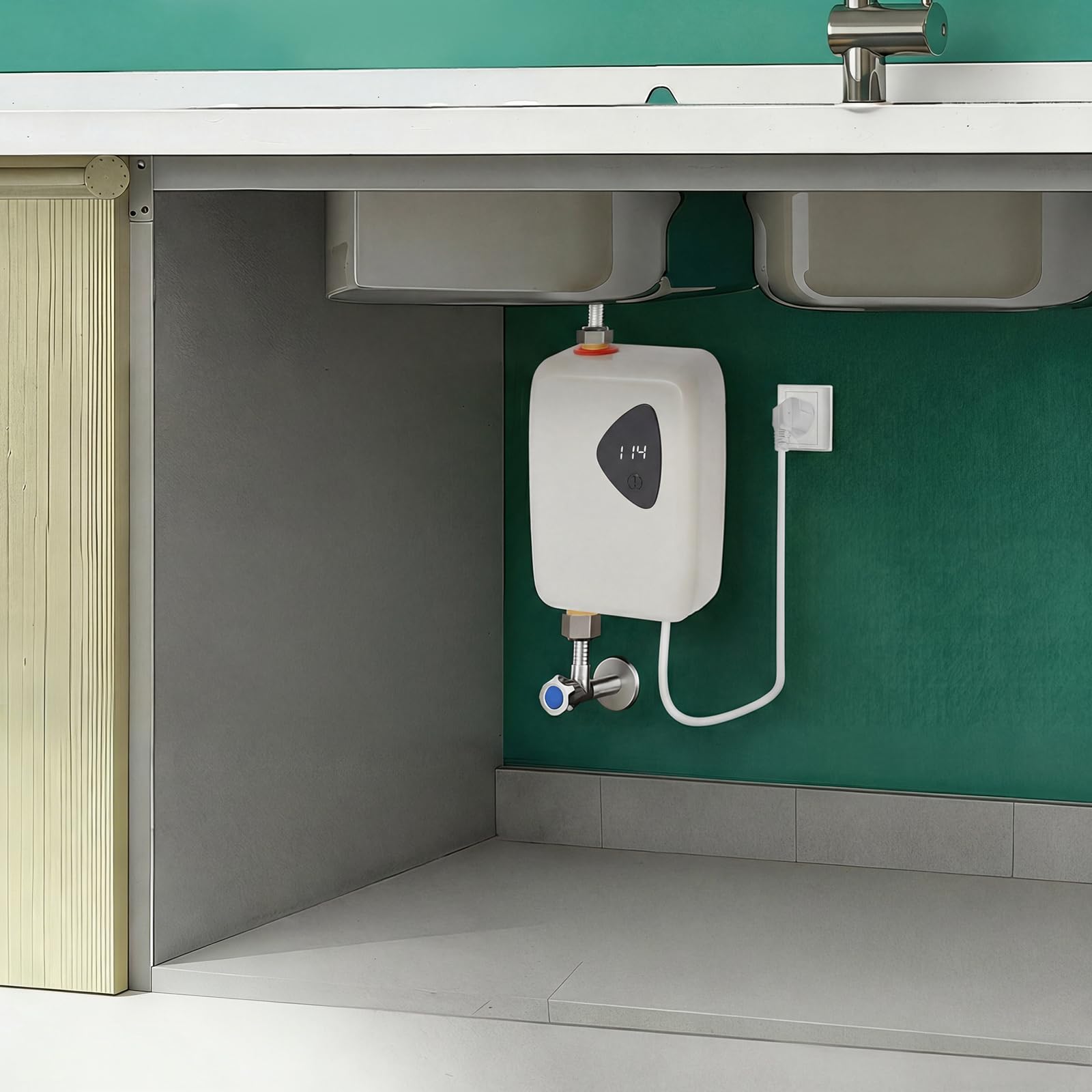 Scaldacqua istantaneo elettronico, 3800 W, 220 V, mini scaldabagno con indicatore di temperatura, plug-and-play, scaldabagno elettrico senza serbatoio, regolatore elettronico (grigio)