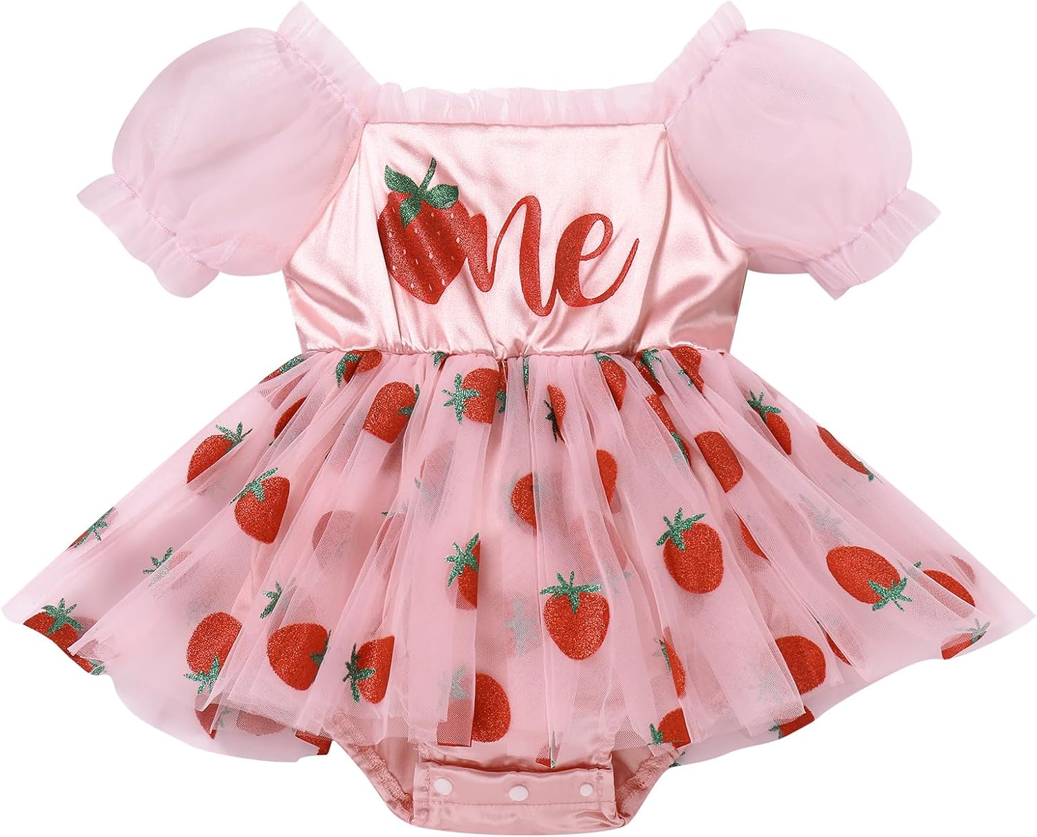 FYMNSI Baby Girl 1st Birthday Outfit Floral Strawberry Ruffle Romper Tutu Dress Headband Two Piece Toddler Summer Clothes - Image 3