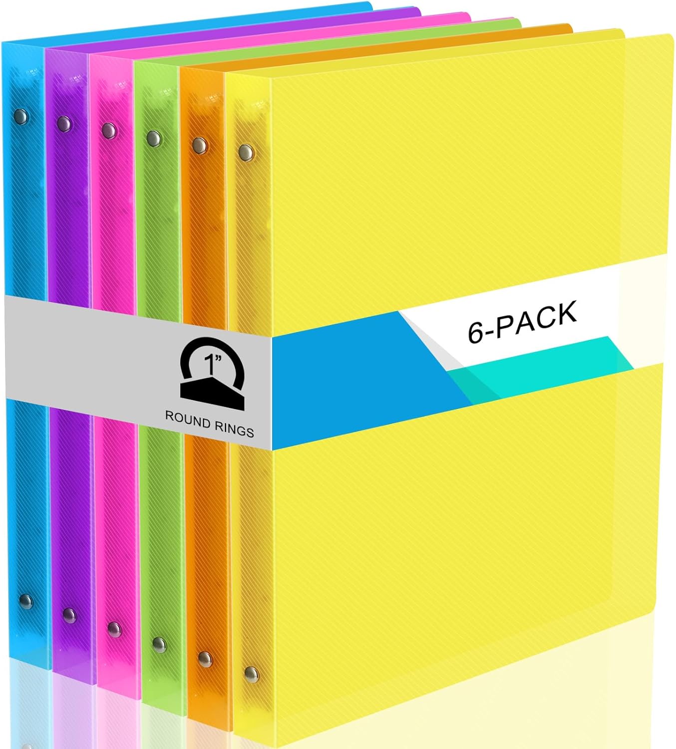 Fulmoon 6 Pack Plastic 3 Ring Binder Assorted Colors Economy Flexible Round Ring Presentation Binders with Pocket for Office School Meeting(1 Inch,Neon Colors)