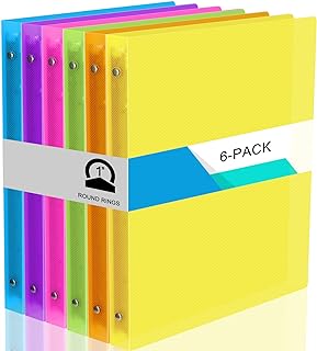 Fulmoon 6 Pack Plastic 3 Ring Binder Assorted Colors Economy Flexible Round Ring Presentation Binders with Pocket for Office School Meeting(1 Inch,Neon Colors)