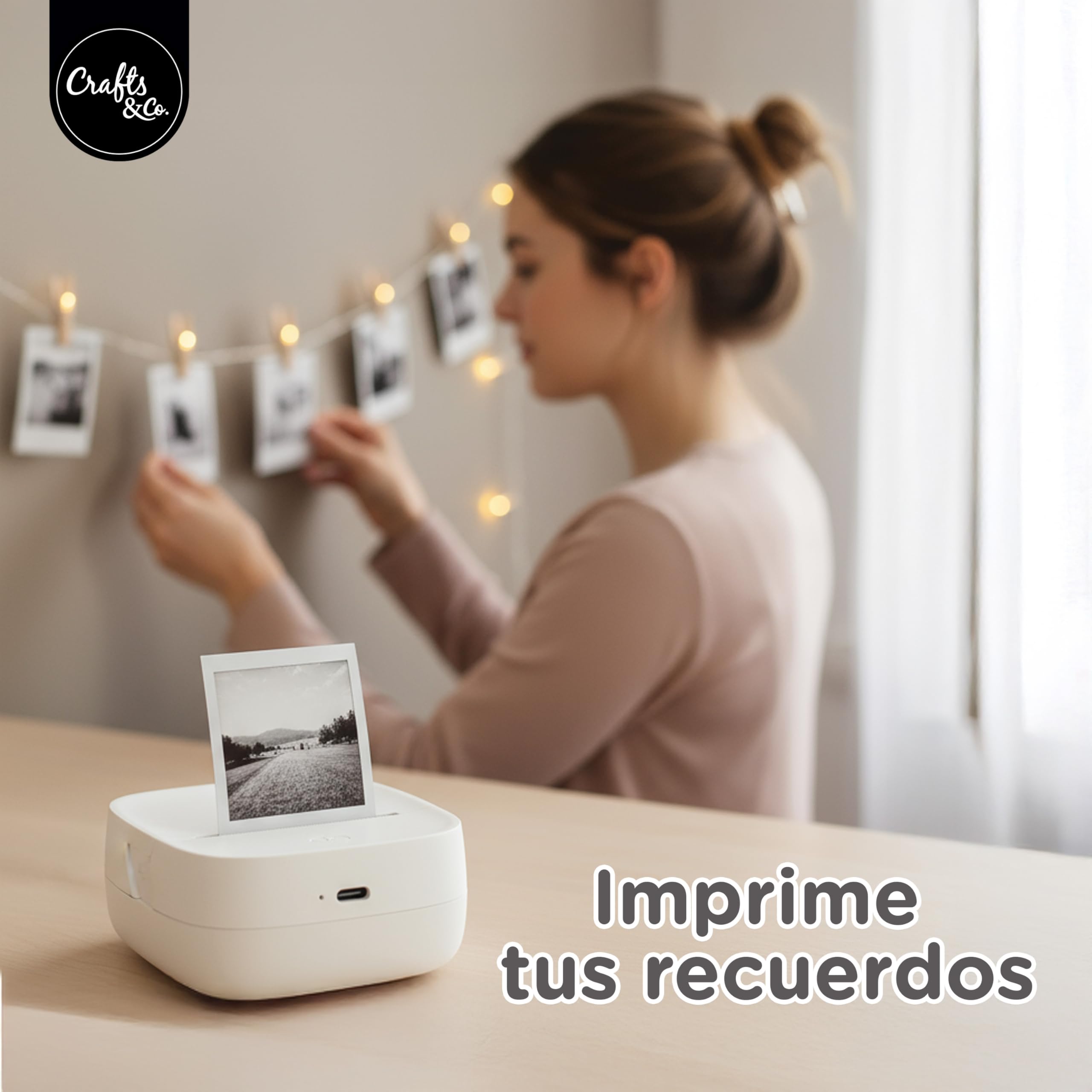 Crafts&Co Mini Pocket Impresora | Impresora fotográfica portátil Bluetooth para smartphone pegatinas y notas | impresora térmica sin tinta | tamaño 8 x 8 x 3 cm blanco