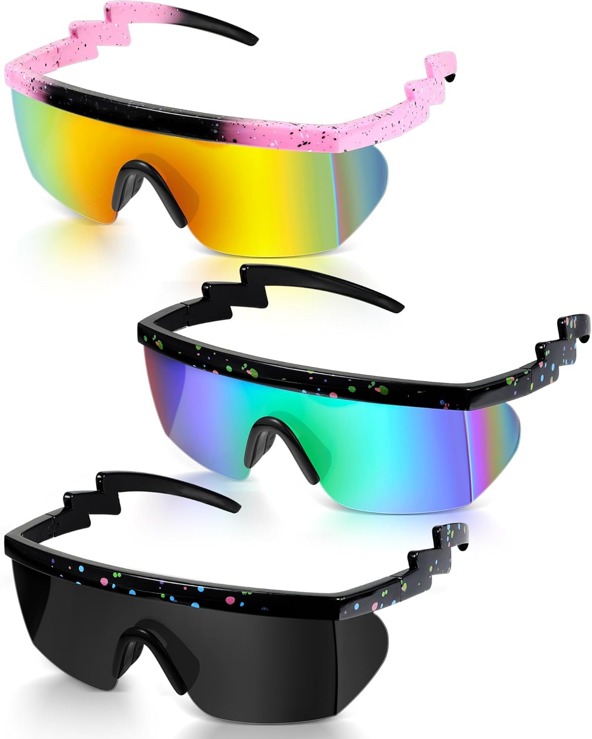 Frienda 3 Pairs Retro Semi Rimless Sunglasses 80s 90s Zigzag Sunglasses Colored Transparent Lens Glasses for Men Women