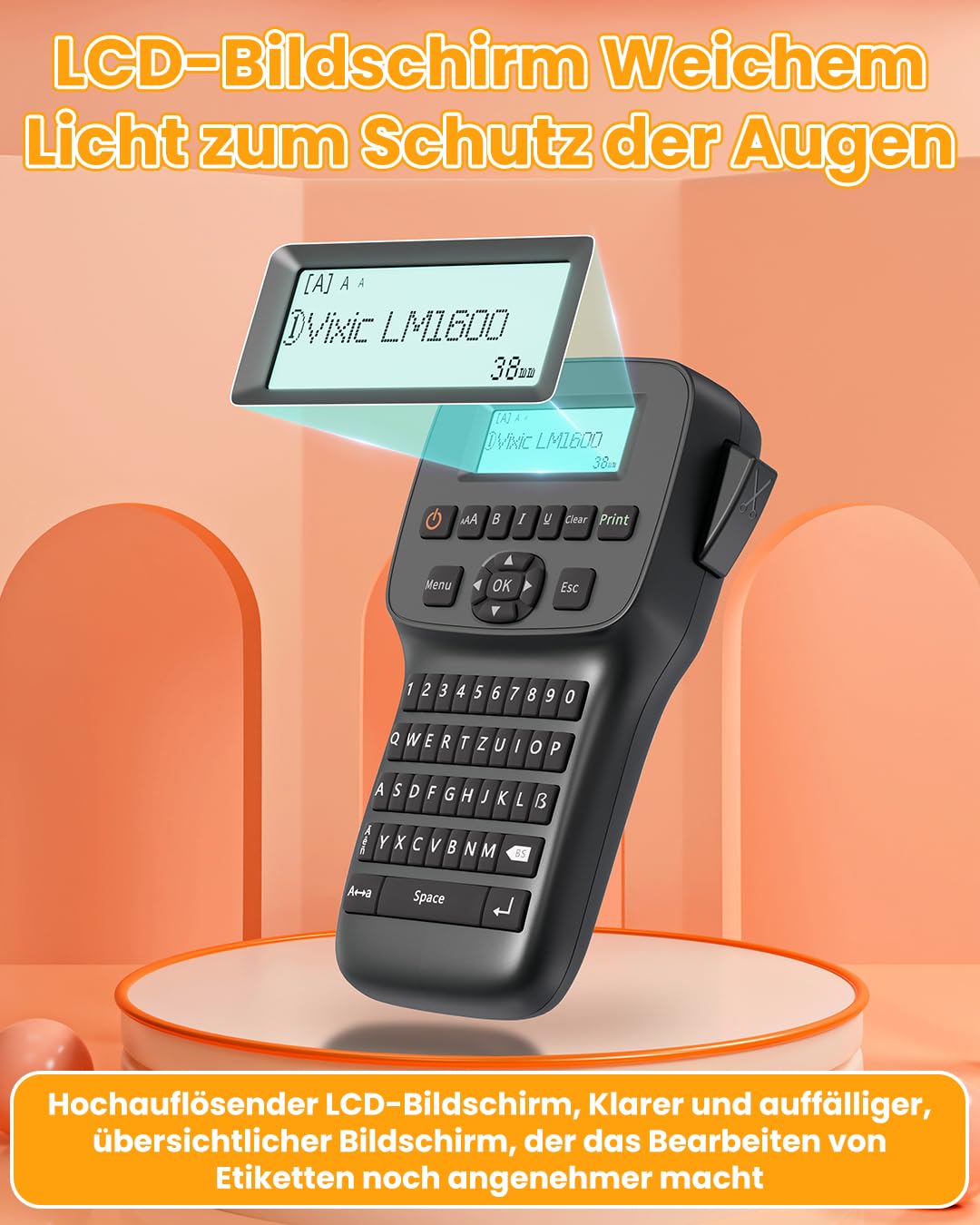 Vixic Tragbares Beschriftungsgerät mit wiederaufladbarem Akku und Bluetooth, LM1600 Etikettiergerät mit QWERTY Tastatur, einfache Textbearbeitung für D1 Etiketten in 12mm Breite