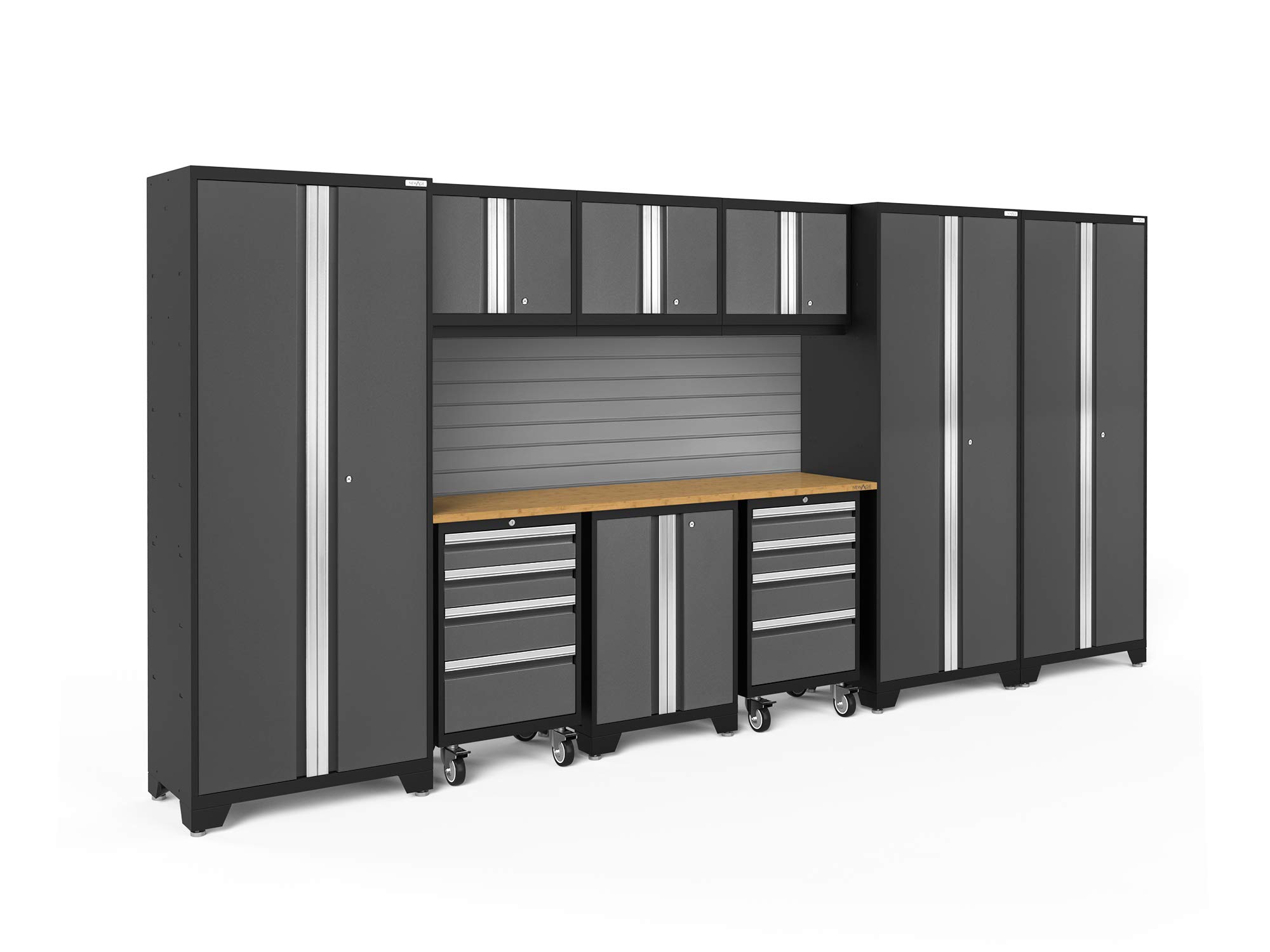 NewAge Products Gray Bold Series 10PC Garage Cabinetry Set · 24-Gauge Steel · Fully Welded · 162" W x 18" D x 76.75" H, 56029