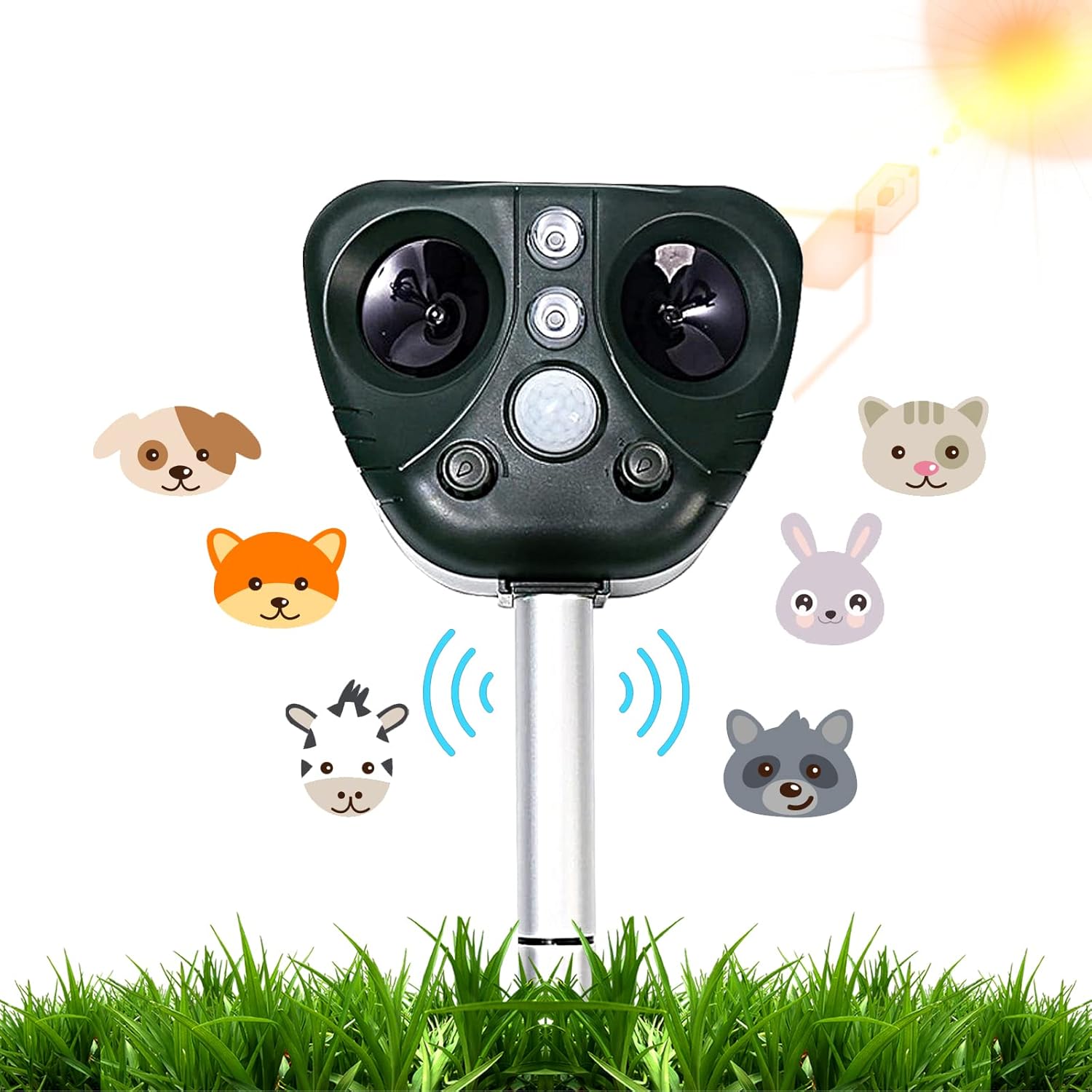 Mengtech Repelente para Gatos,Ahuyentador de pajaros,Solar ultrasónico, Resistente al Agua, 5 Frecuencias Ajustables,para Ratones, murciélagos, mapaches