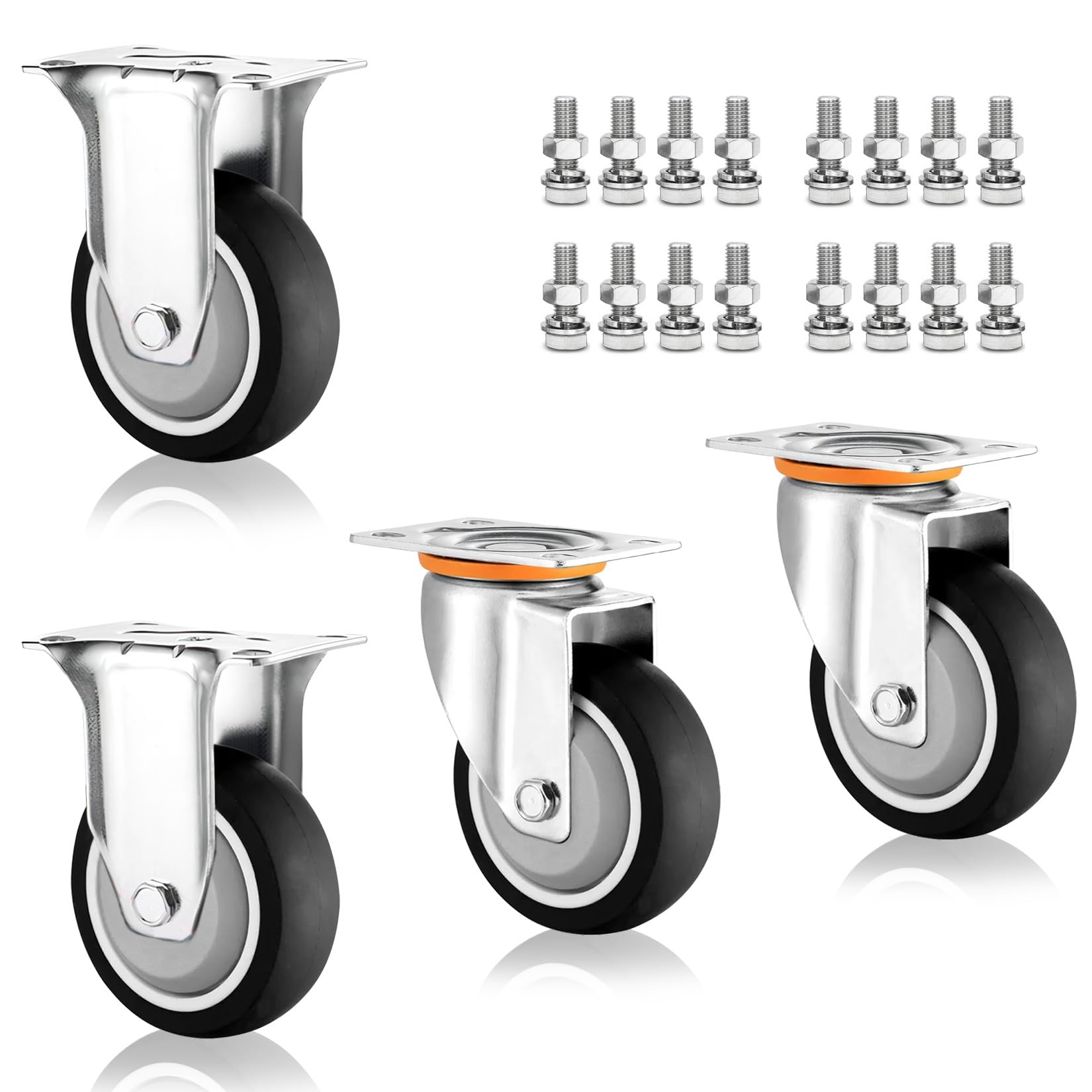 MXXQRHF Set of 4 Heavy Duty Industrial Caster Wheels 3" 4" 5" Thermoplastic Rubber Swivel Casters with Dual Locking Brakes for Silent Movement and Stability