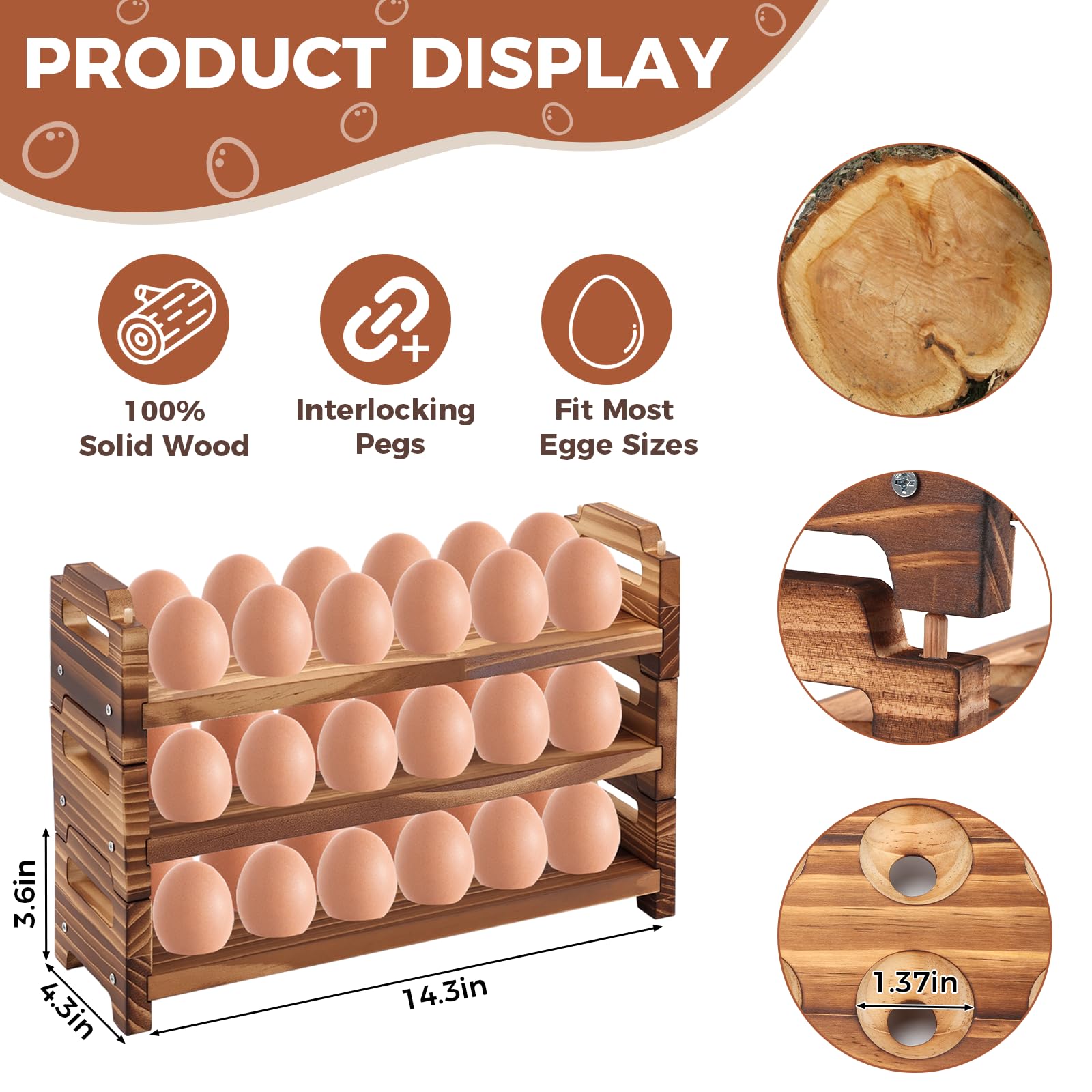 Porte-œufs de Comptoir, Porte-œufs Frais en Bois à 3 Pneus Porte-Œufs Empilable en Bois, Peut Contenir Jusqu'à 36 œufs Frais, pour Recueillir des œufs Frais, Panier de Rangement