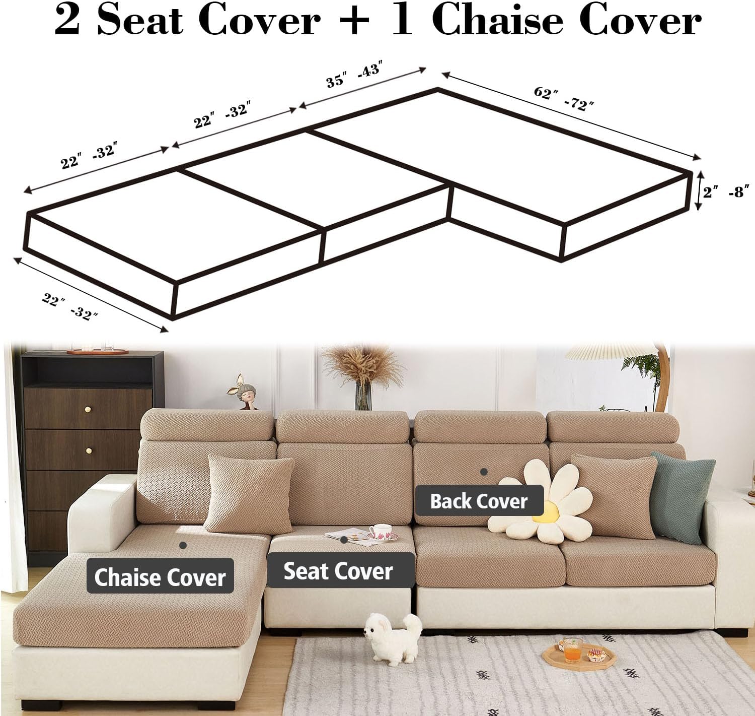 soothing home sofa covers, sofa hero covers for couch, couch cushion covers, sofa covers washable sectional couchs covers stretch slipcovers for pets (khaki, 2 seats + chaise cover) khaki 2 seats + chaise cover