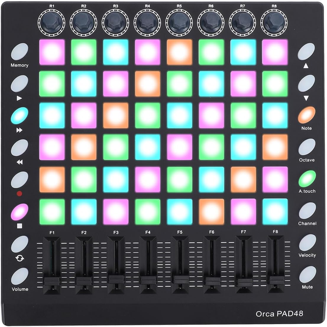 Fockety MIDI Controller Drum Pad, 48 RGB Backlit Velocity Sensitive Pads 8 Knobs 8 Sliders 16 Function Buttons USB MIDI Input Output, with Plug and Play for Win OSX