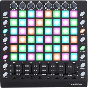 Fockety MIDI Controller Drum Pad, 48 RGB Backlit Velocity Sensitive Pads 8 Knobs 8 Sliders 16 Function Buttons USB MIDI Input Output, with Plug and Play for Win OSX