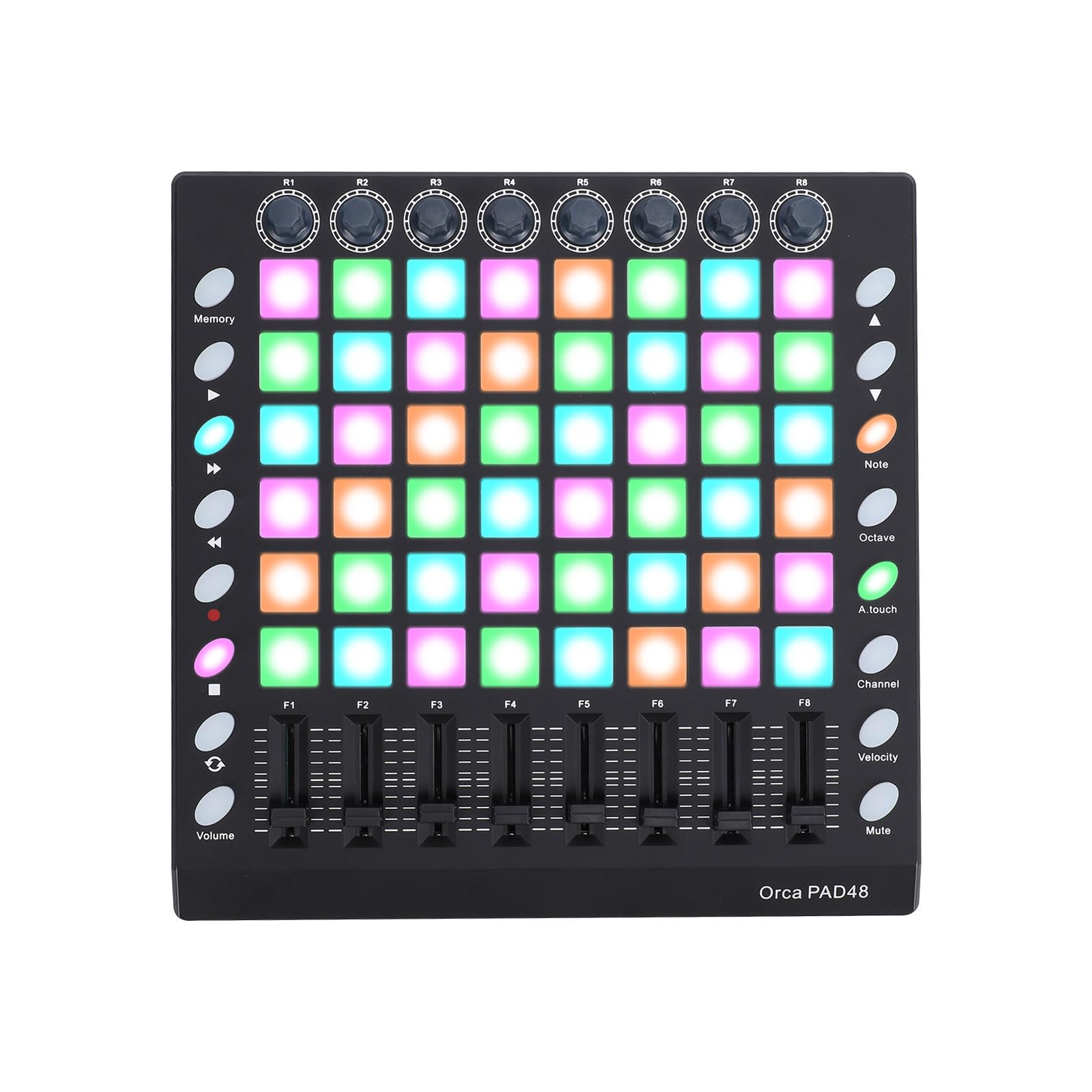 RiToEasysports Controlador MIDI, 48 Pads Retroiluminados RGB con 8 Perillas 8 Atenuadores para Producción Musical, Pad de Batería USB Portátil para DJ Performance Live Studio