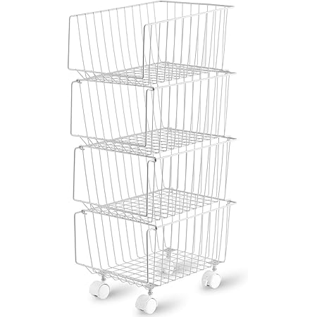 Lesige バスケットワゴン キャスター付き 多機能 収納カゴ 収納ラック 大容量 調整可能 スタッキング式 収納バスケット バスルームワゴンカート スペースラック メタルラック スチールラック キッチンカート (4段)