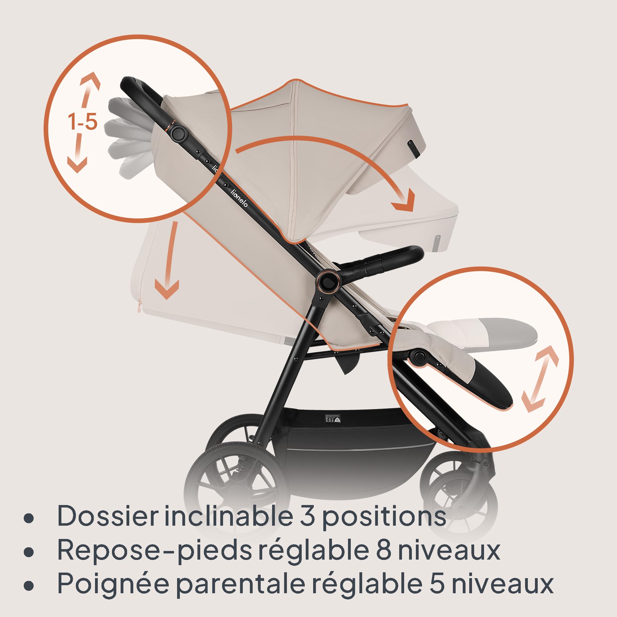 LIONELO IVA Poussette Canne Jusqu'à 22 kg de 6 m à 4 ans Roues Pivotantes à 360° Amortissement Total des Chocs Dossier et Auvent Réglables en Hauteur XXL UPF50+ Tissu de Qualité Supérieure (Beige)