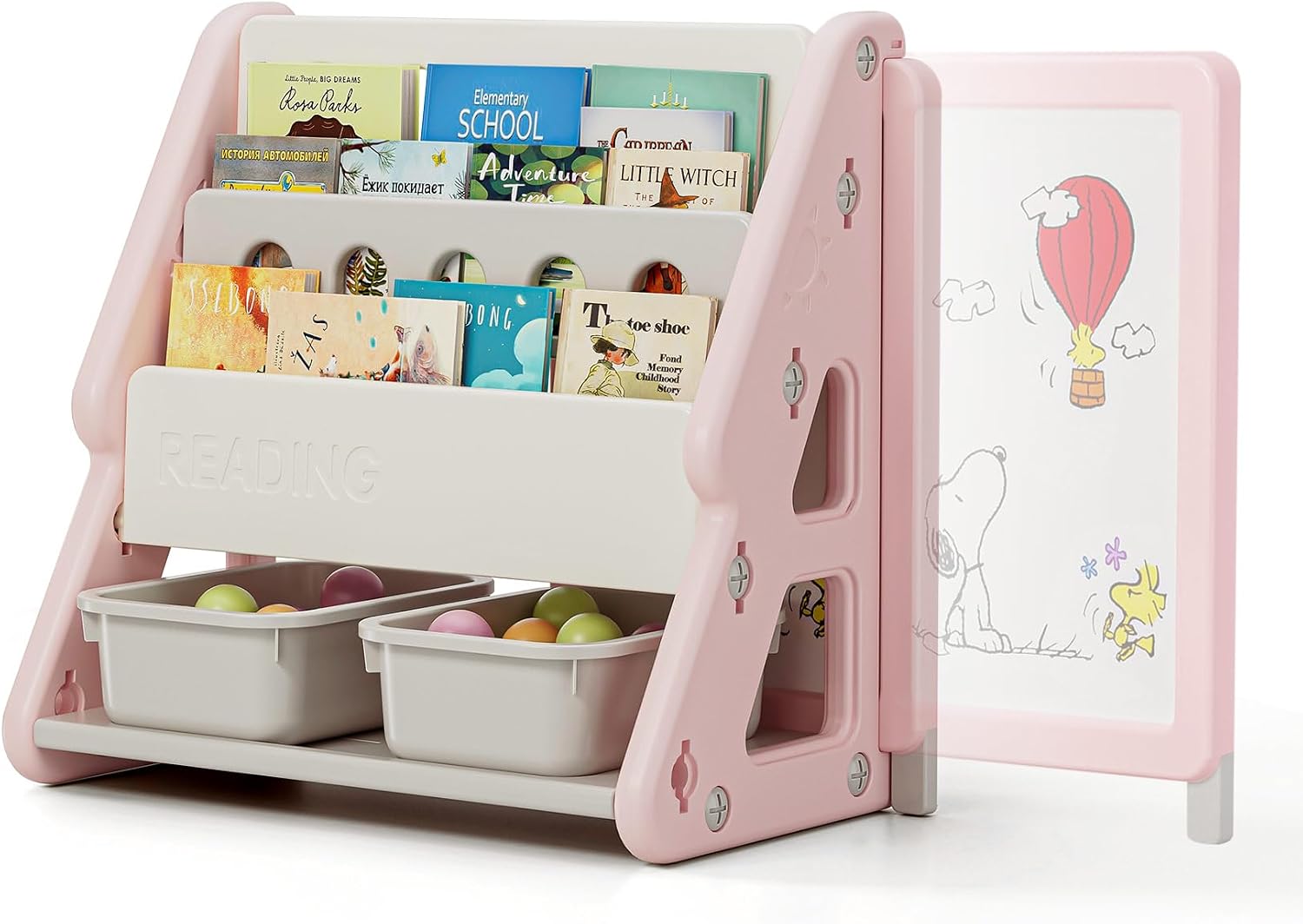 UNICOO Toddler 3 in 1 Art Board Compact Bookshelf and Organizer, 2-Tier Bookshelves with Storage Rack & Bins, Retractable Drawing Board, Lightweight & Mini for Nursery, Playroom (Pink & White)