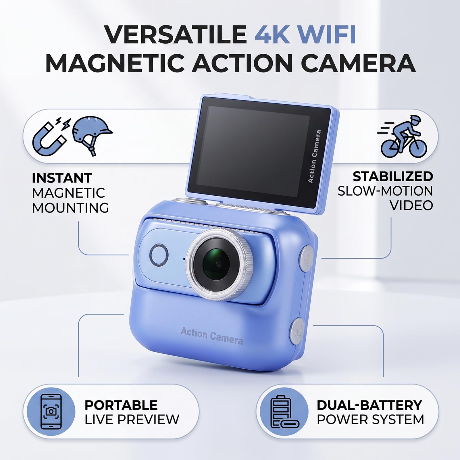 Action Cam 4K con Foto da 48MP per Vlog, Corsa e Ciclismo — Mini Sports Cam Magnetica con WiFi e Touchscreen Ribaltabile da 2,0” per Riprese POV (BLUE)