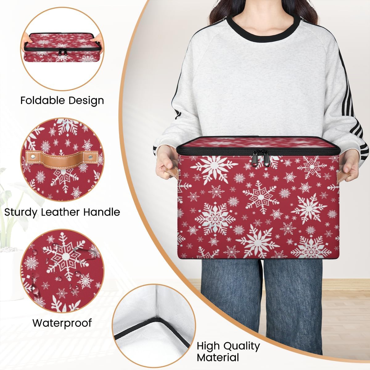Storage Bin Set of 2 Snowflake Winter Storage Basket with Zipper Lid & Handle Foldable Closet Shelf 2 Pack Cloth Organizer Basket Cube Bins for Bedroom, Nursery