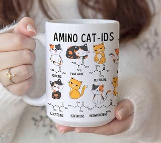 Funny Biochem Cat Mug with Amino Acids Design, Science Teacher and Chemistry Student Coffee Cup, Geeky Laboratory Humor Gift for Cat Lover (Blue Handle, 11oz)