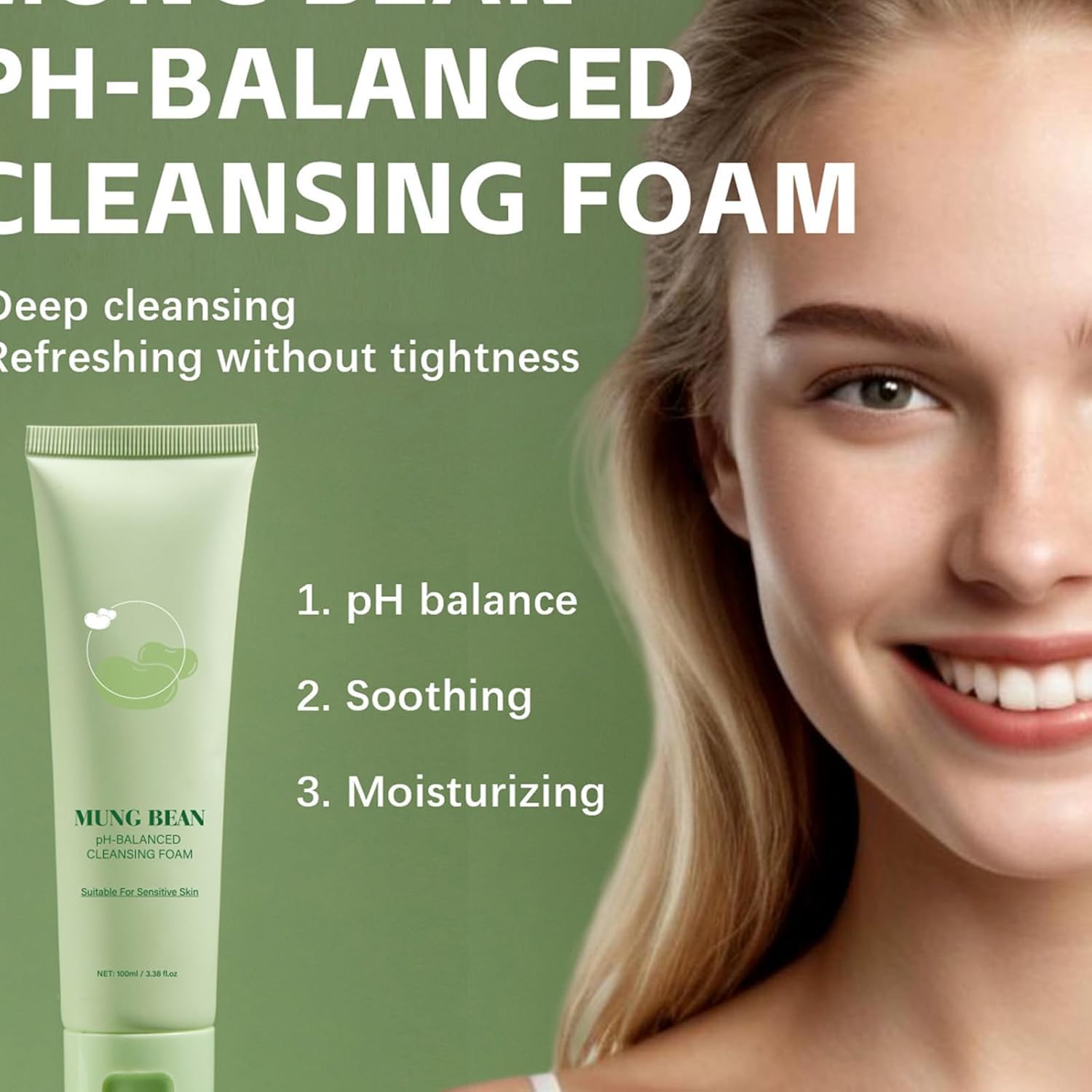 Schiuma detergente bilanciata per fagioli mung Detergente per il viso a pori profondi Esfoliante delicato Detergente per il viso idratante lenitivo per tutti i tipi di pelle (1Pezzo)