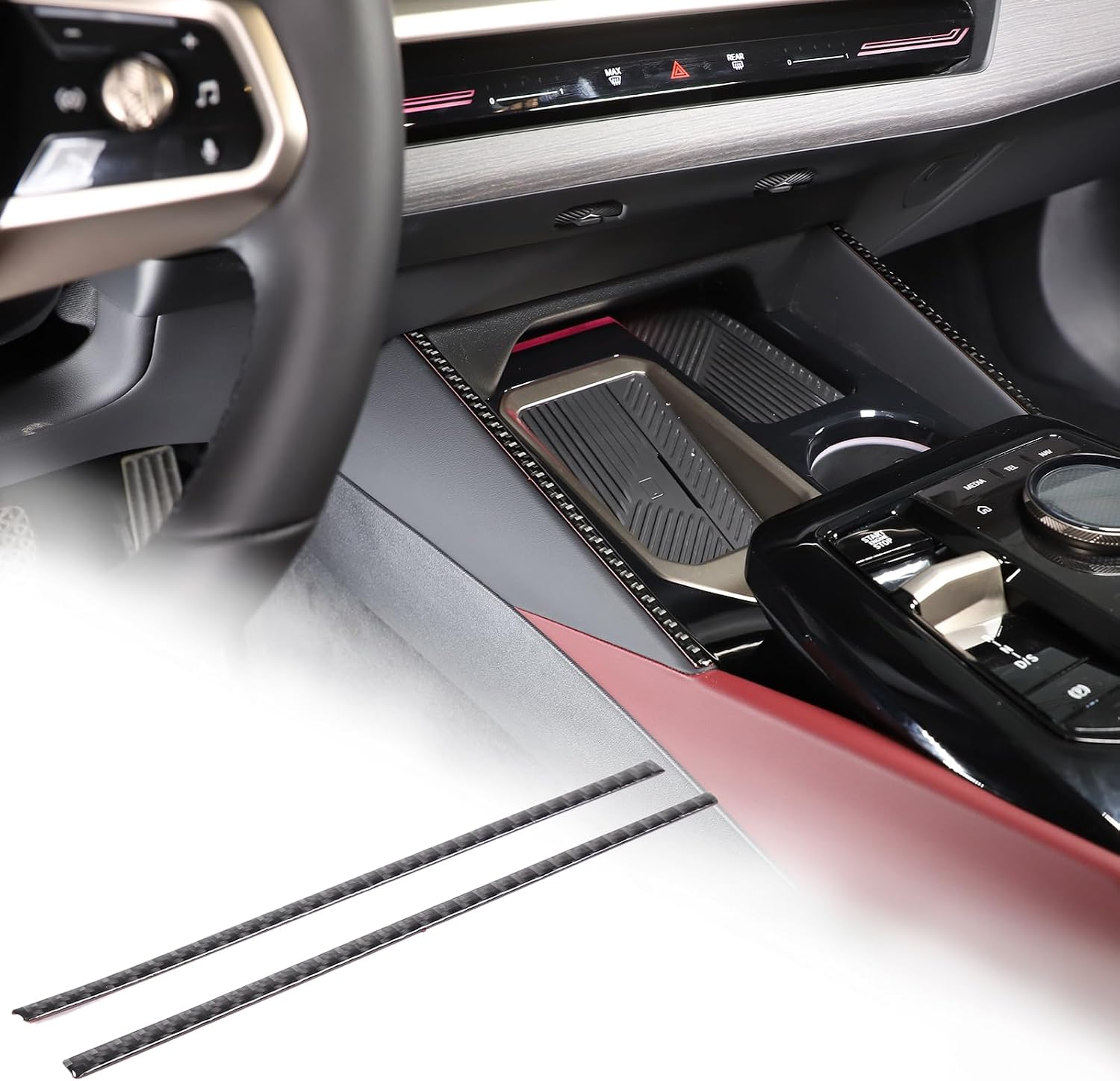 Center Console Trim Strips Compatible with BMW 5 Series G60 2024,Carbon Fiber Water Cup Holder Side Panel Sticker Trim,Center Storage Box Panel Cover Interior Trim Accessories (Black Carbon)