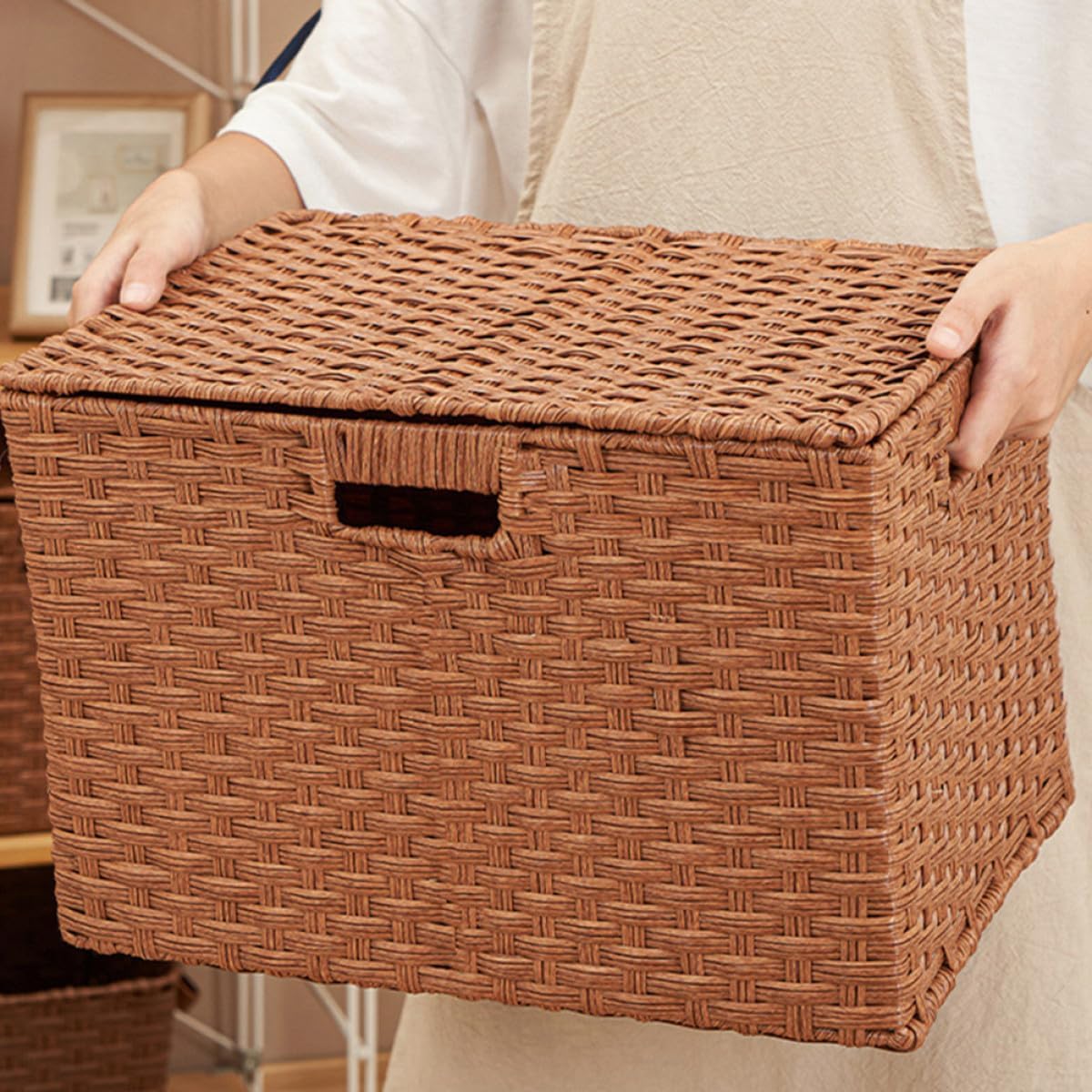 VALICLUD Rectangular Imitation Rattan Woven Basket with Lid 35x25x19cm Sundry Storage Box for Home Organization and Storage Brown Decorative Bin