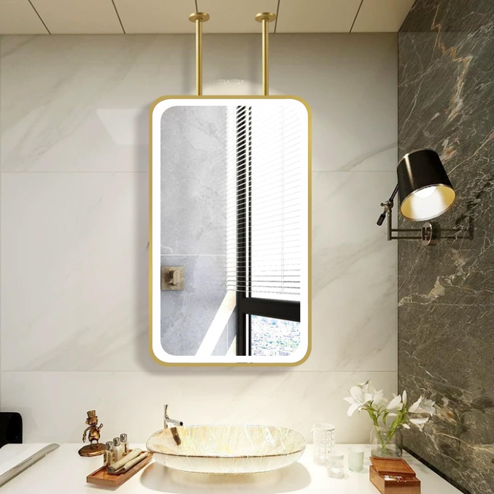 FGXHHS Modern Large Rectangle Mirrors｜Metal Framed Decorative Hanging Mirrors with LED Lights｜Gold Metal Pole Ceiling Suspended Mirror for Bathroom Shaving Vanity Wall Mirror(50cmx70cm)