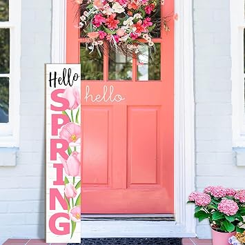 Hello Spring Porch Sign Tulip Wooden Welcome Sign Vertical Spring Hanging Signs For Standing Front Porch Decor Rustic Wall Decor Home Farmhouse Yard Door Spring Decorations 47.2"H