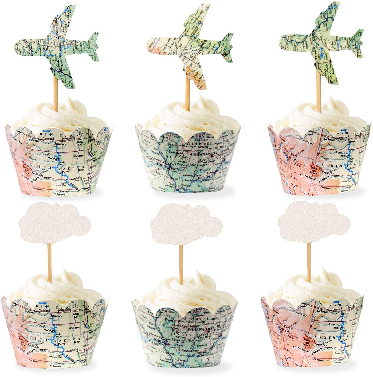 Vintage Airplane Cupcake Toppers and Map Wrappers, Adventure Awaits Travel Theme Party Decorations, Retirement Farewell Graduation Party Supplies (48 Pack)