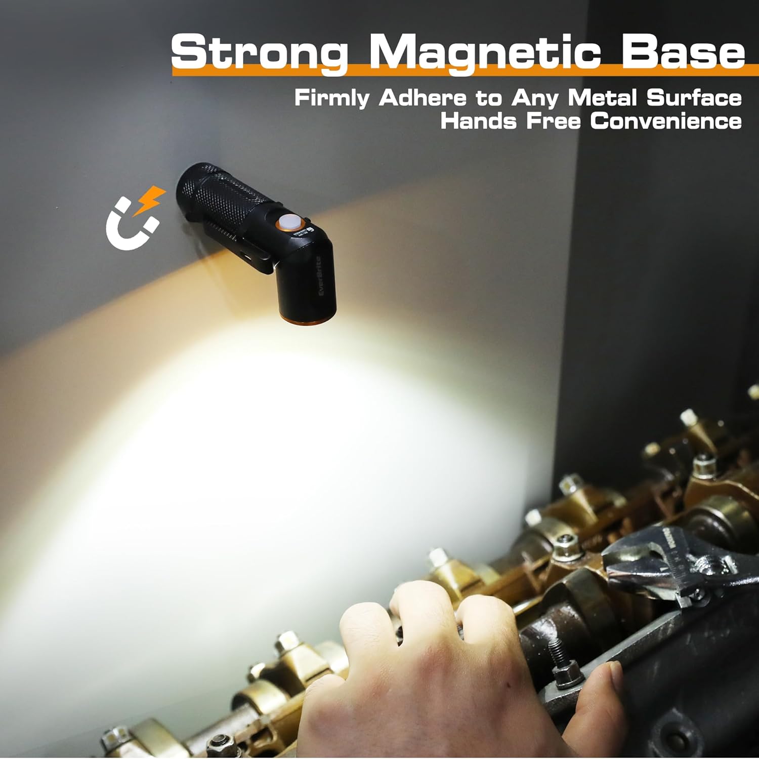 EverBrite flashlight attached to a metal surface via its strong magnetic base, illuminating the area for hands-free work.