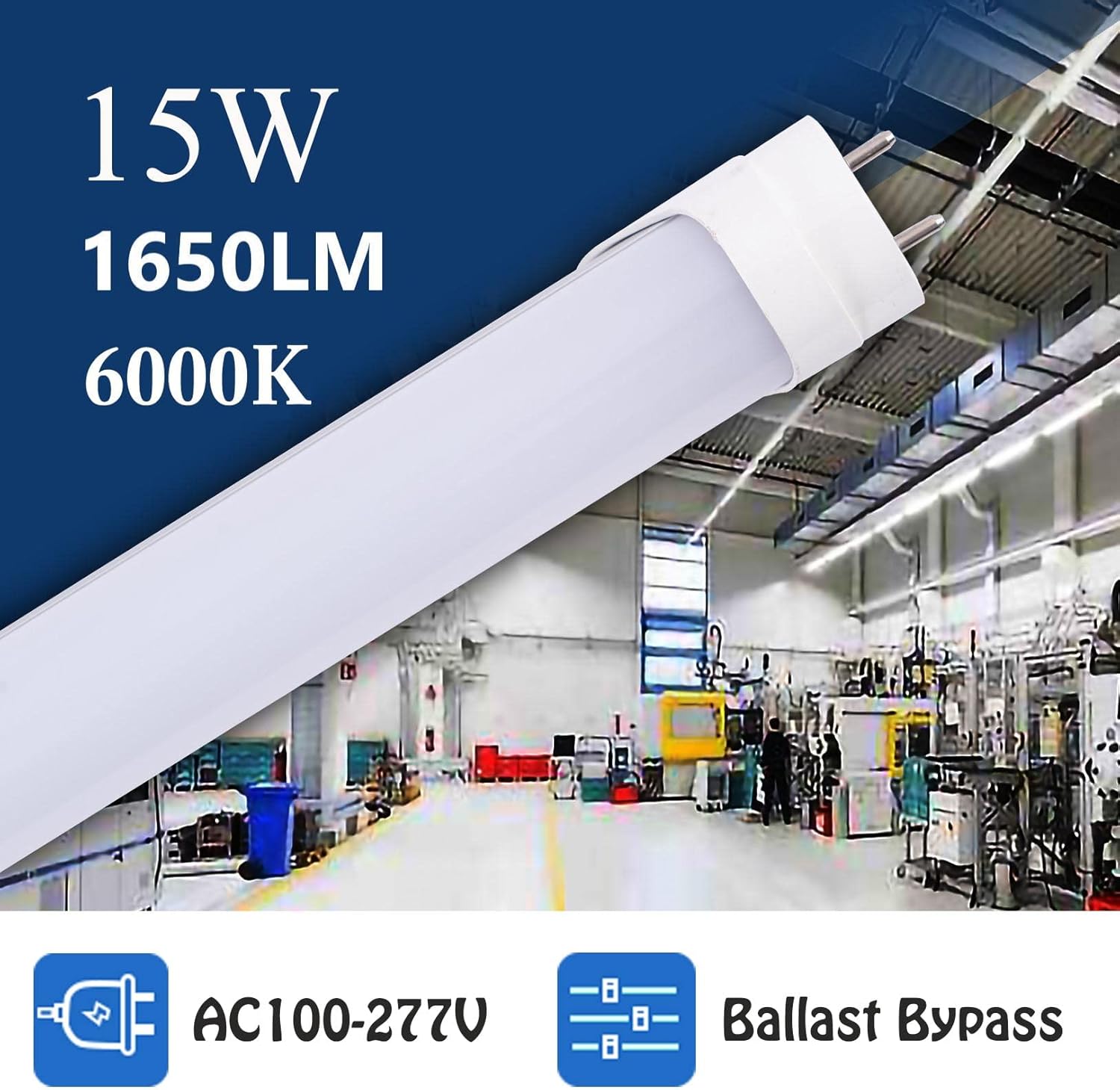 Midwestern 6pcs 3FT 15W T8 Tube Light White Daylight 6000k T8 LED Bulbs Shop Lights Ballast Bypass G13 Base 3 Foot Milky Cover Fluorescent Tube lamp Replacement AC100-277V(3ft 15w, 6 Pack)