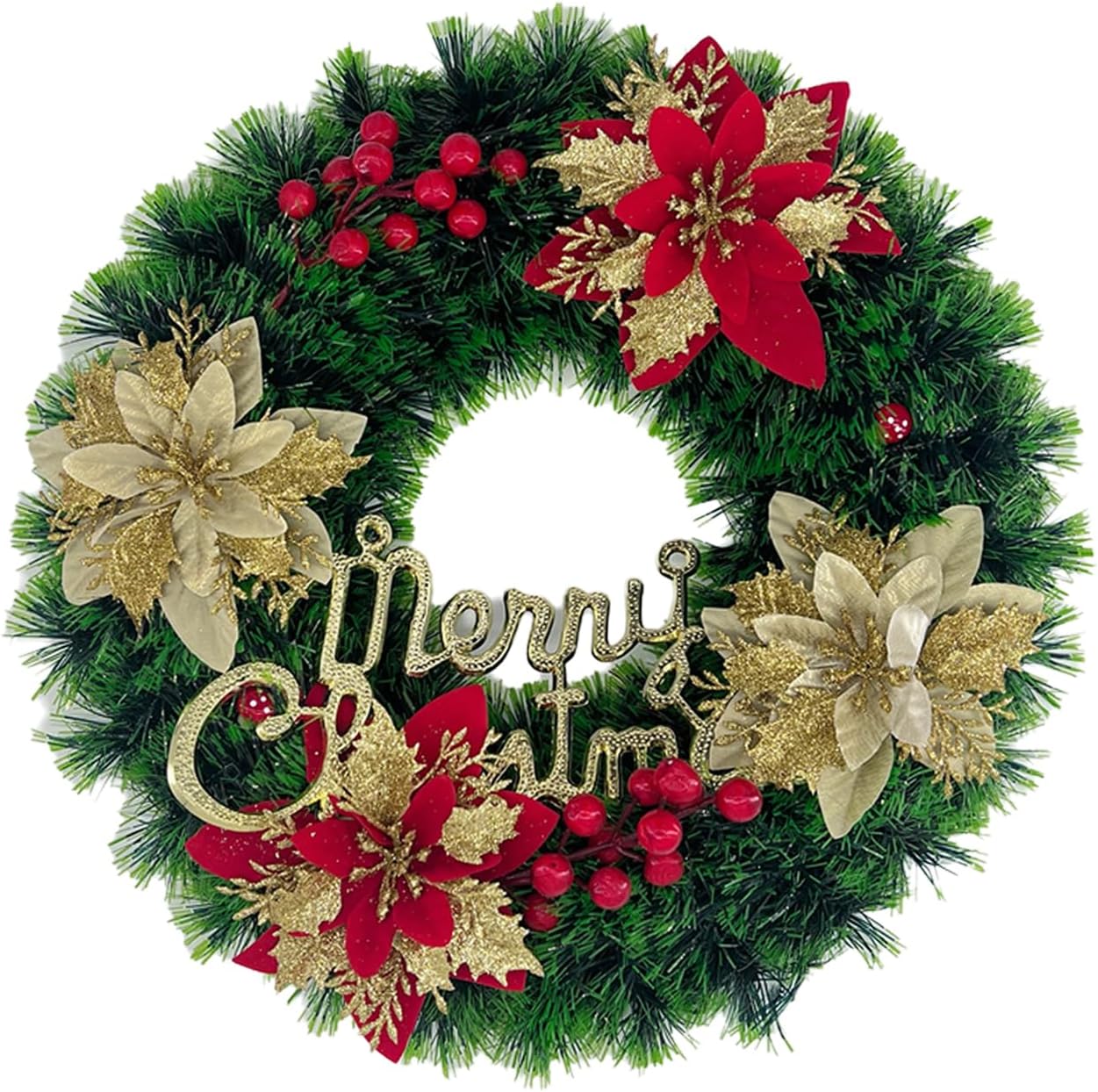 15 Inch Christmas Wreath with Red and Gold Flowers, Red Berries and 'Merry Christmas' Sign – Festive Green Holiday Decor